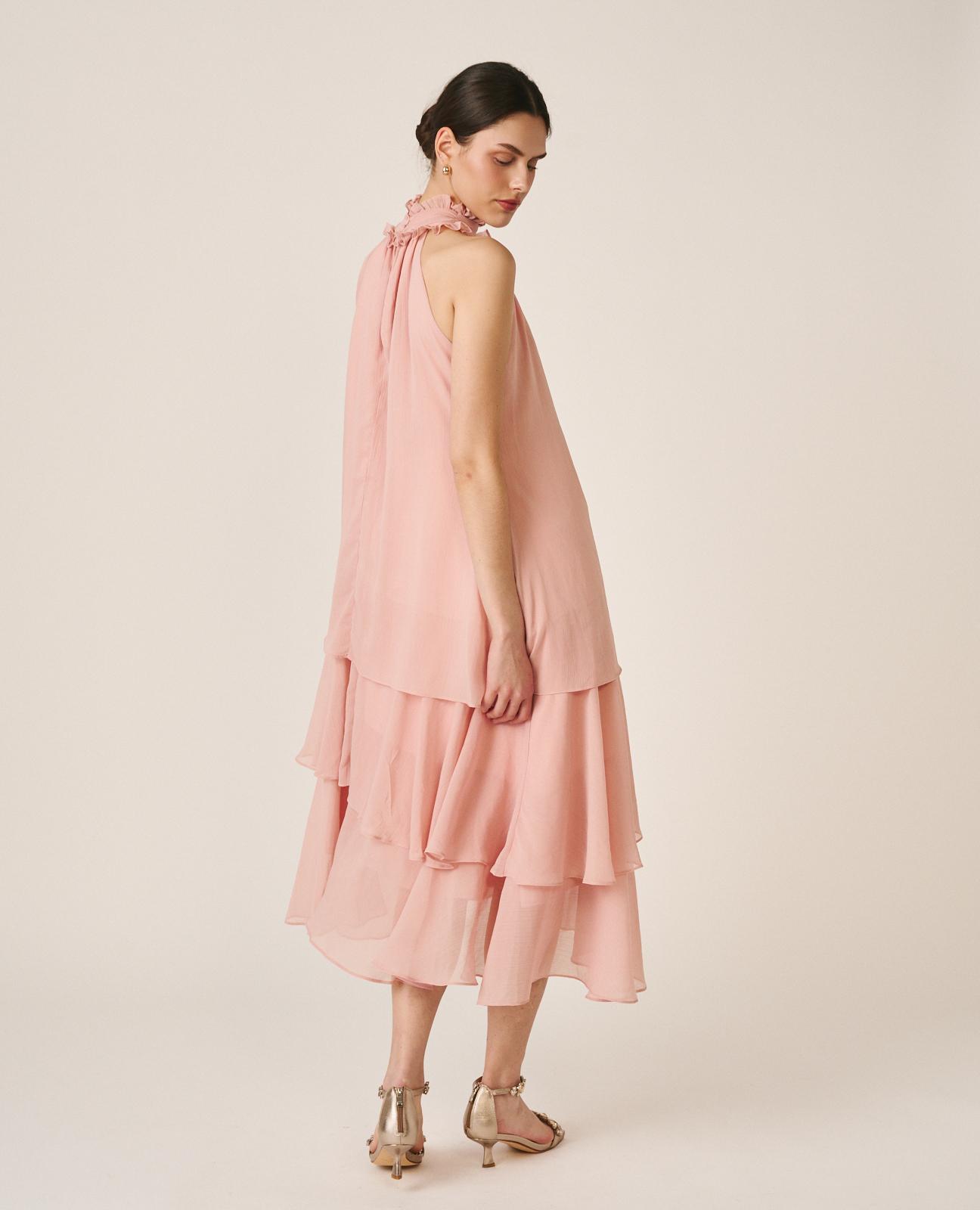 Vestido midi fluido con volantes y cuello halter plisado - Alma en Pena - Rosa Rosa-8