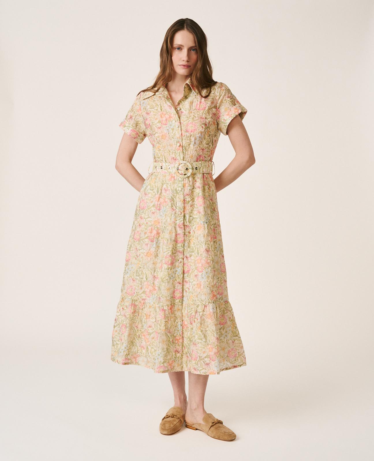 Alma en Pena - Vestido midi con estampado floral y manga corta camisera con puño doblado y cinturón.