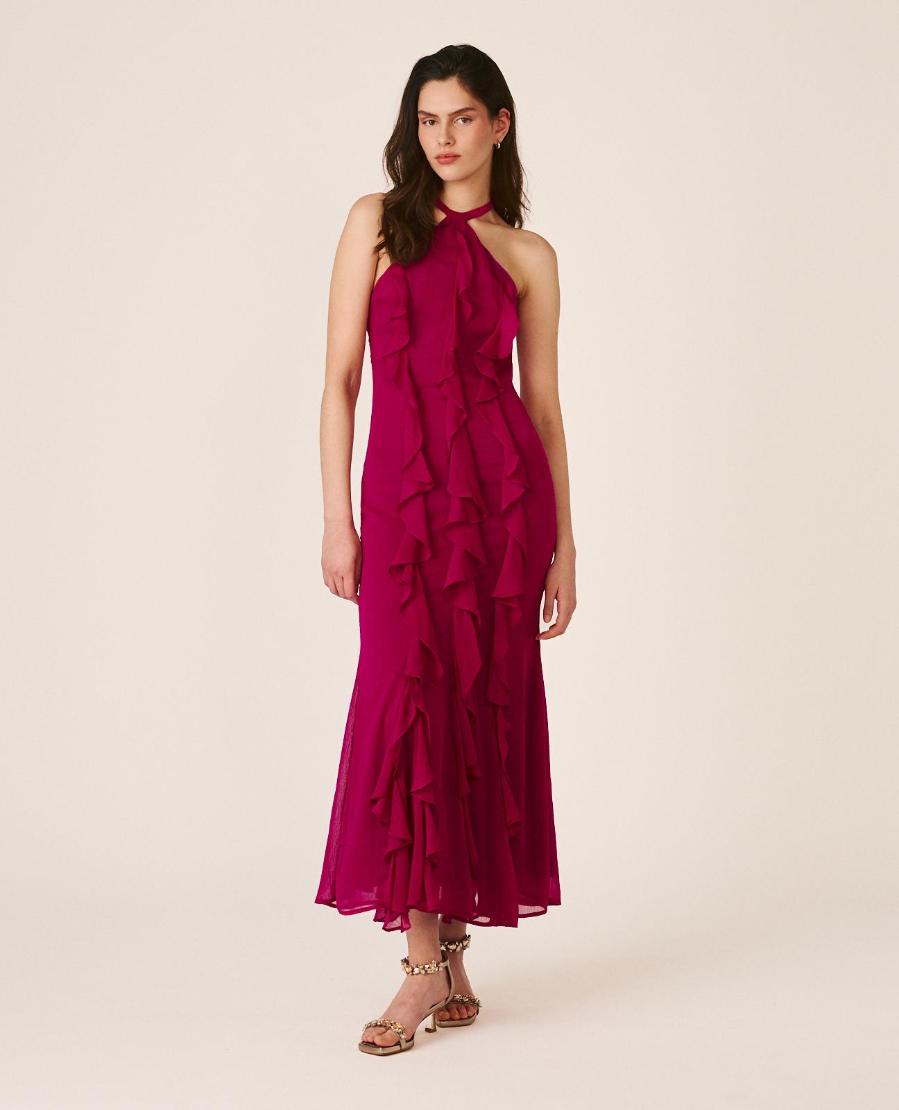 Alma en Pena - Vestido largo con volantes verticales cuello halter y cremallera invisible.