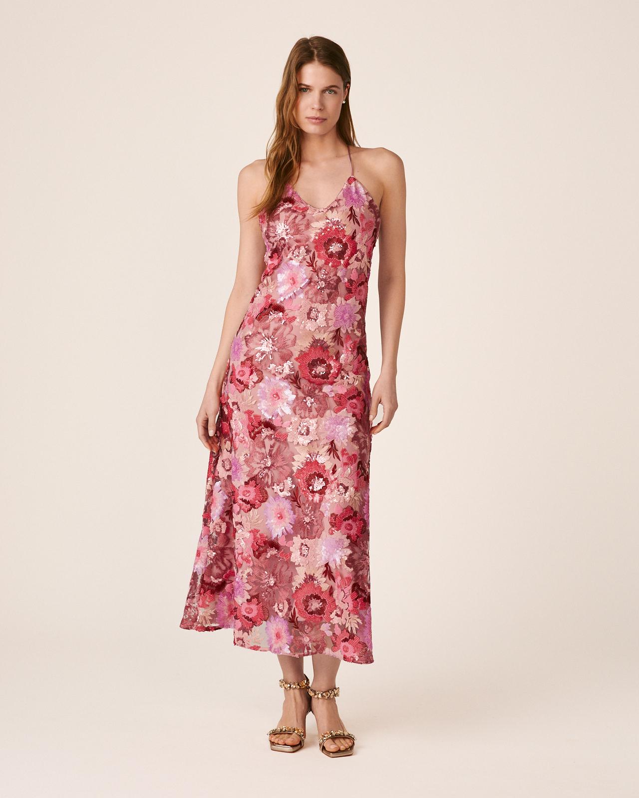 Alma en Pena - Vestido midi de lentejuelas con estampado floral sin mangas y escote de pico.