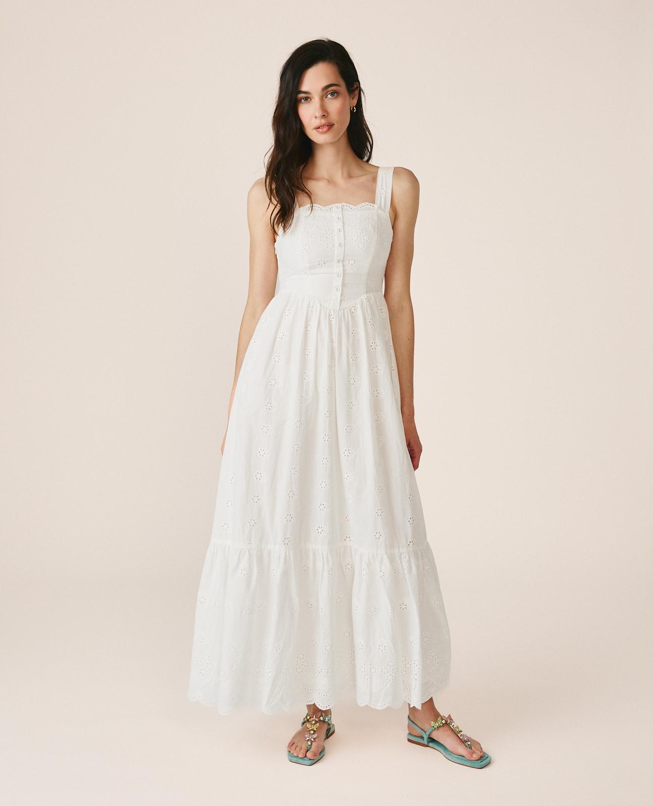 Alma en Pena - Vestido midi bordado inglés sin mangas y escote recto con tirantes.