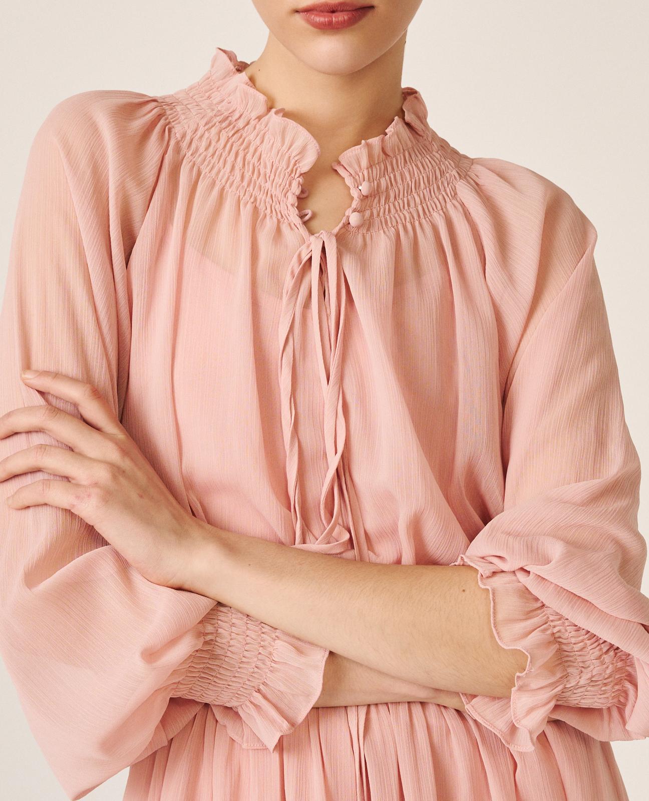 Vestido midi manga ablusada con cuello fruncido y cintura elástica - Alma en Pena - Rosa Rosa-6