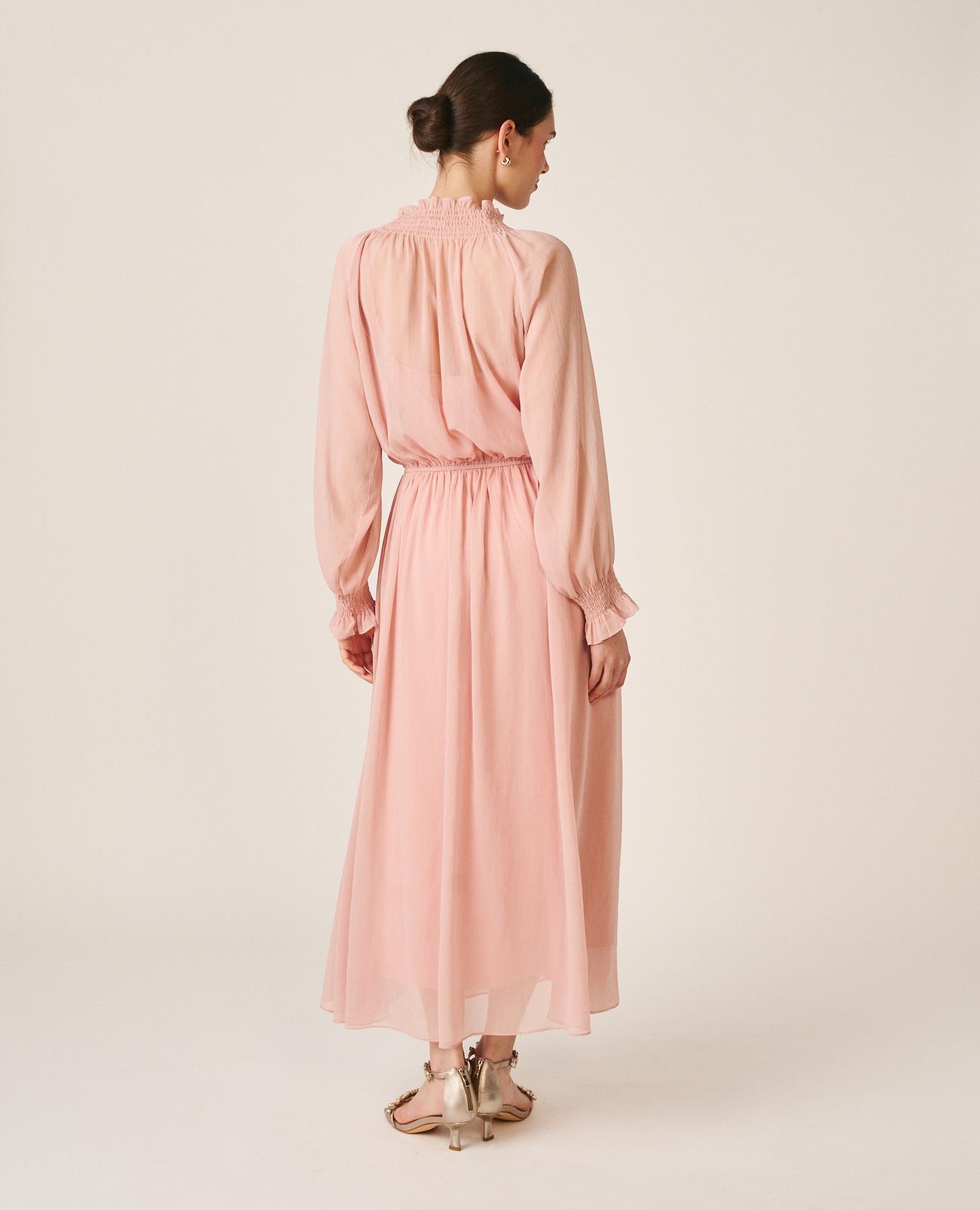 Vestido midi manga ablusada con cuello fruncido y cintura elástica - Alma en Pena - Rosa Rosa-7