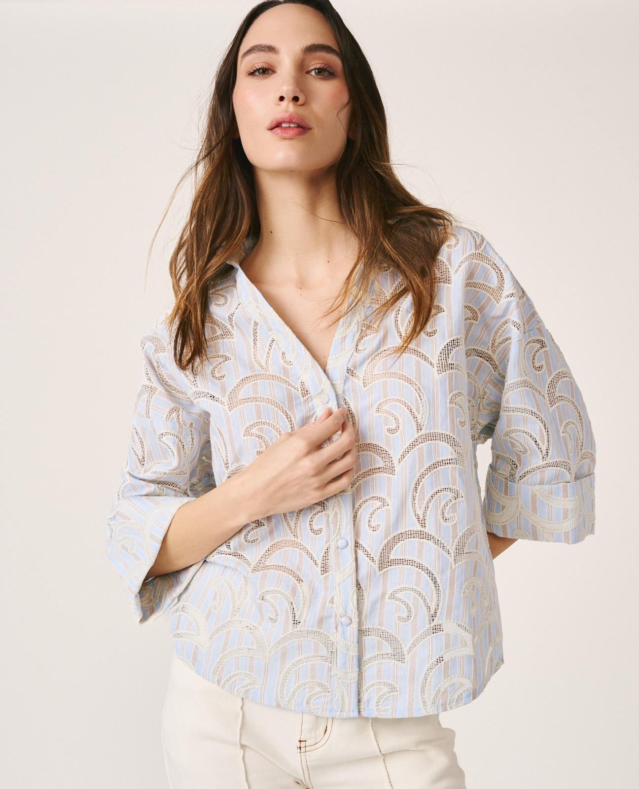 Alma en Pena - Camisa de mujer bordada de rayas de manga corta y puño doblado.