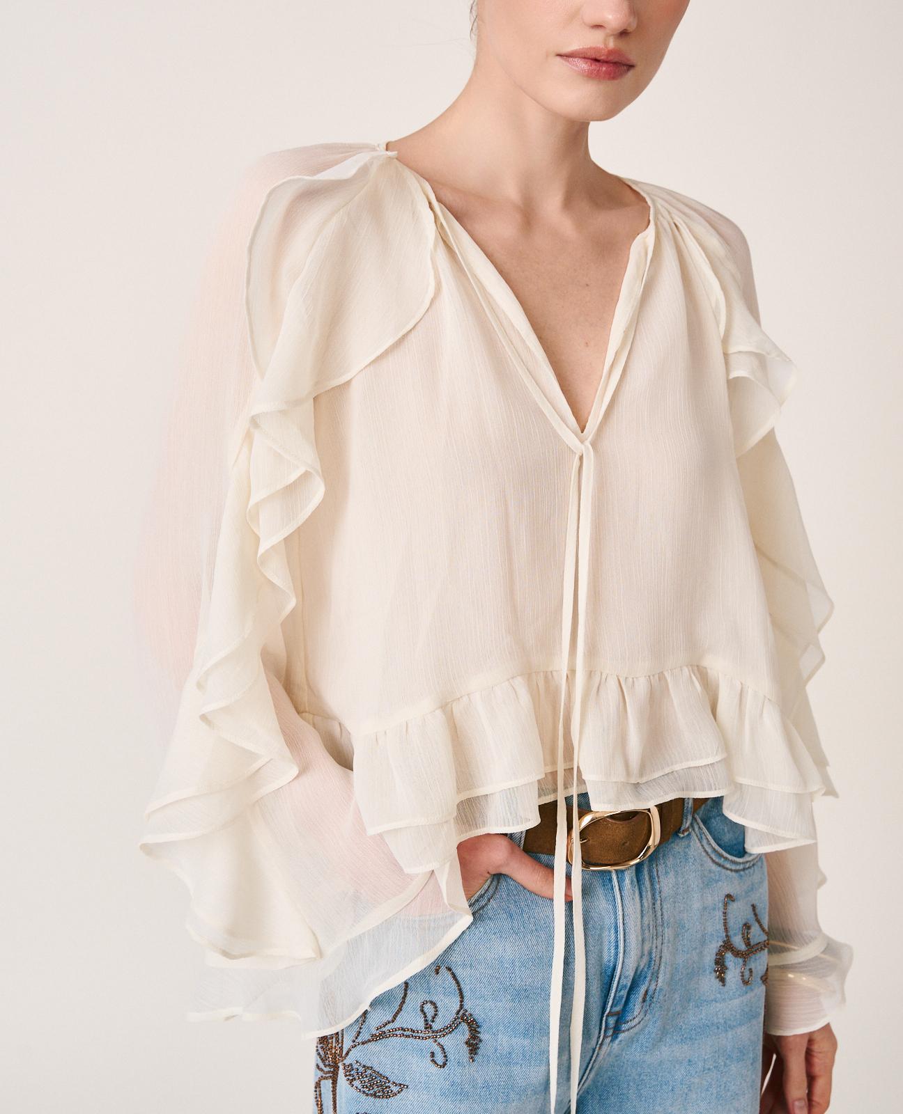 Blusa de mujer de gasa y manga larga acampanada con volantes - Alma en Pena - Blanco Blanco-6