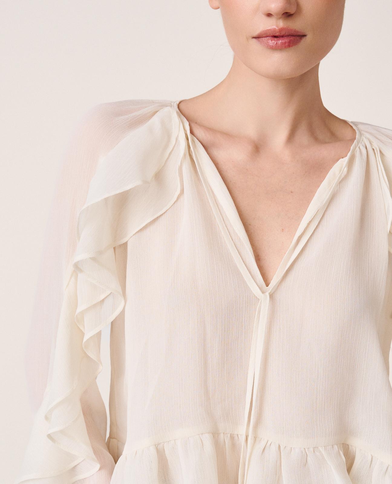Blusa de mujer de gasa y manga larga acampanada con volantes - Alma en Pena - Blanco Blanco-7
