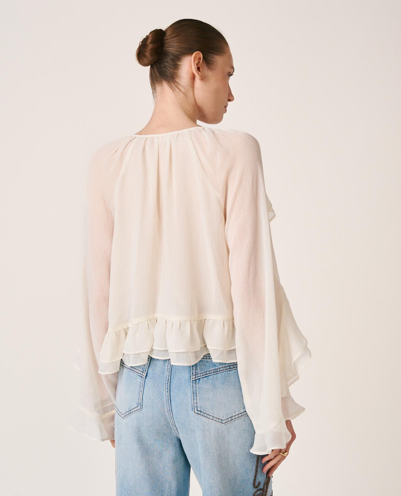 Blusa de mujer de gasa y manga larga acampanada con volantes - Alma en Pena - Blanco Blanco-8