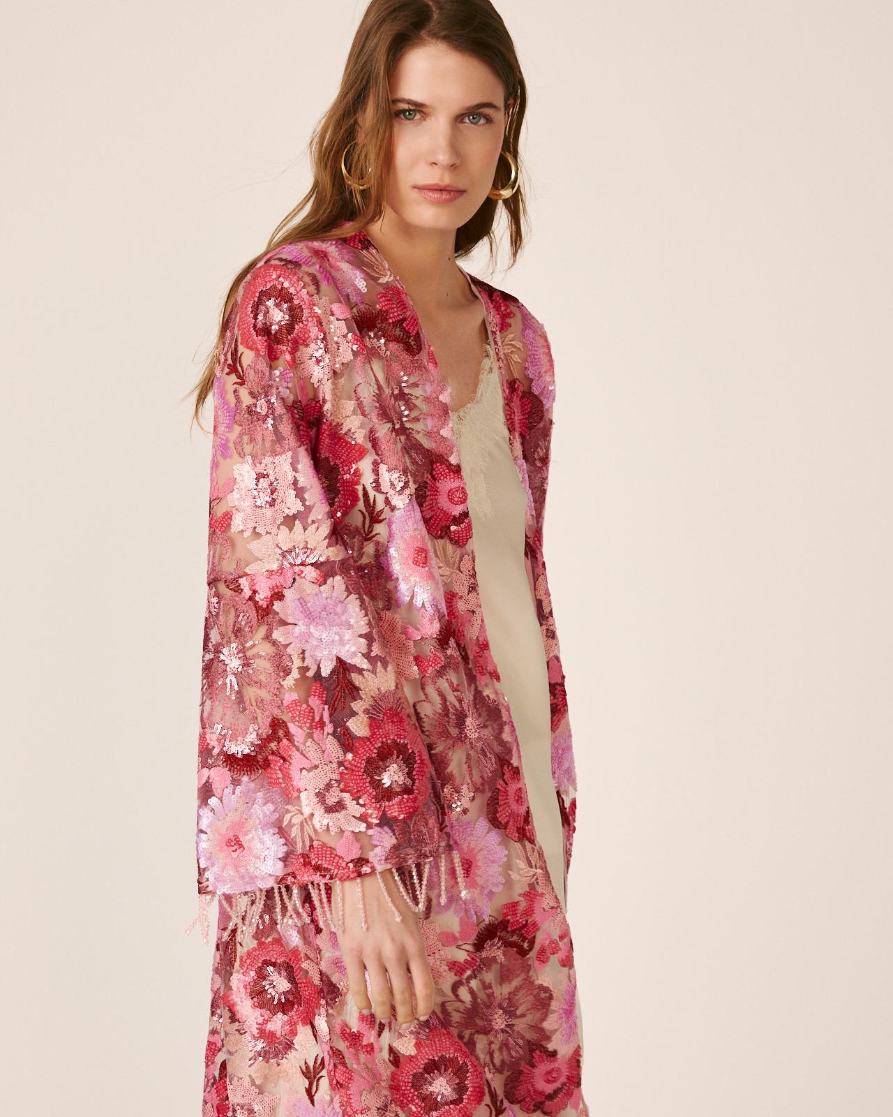 Alma en Pena - Caftán de lentejuelas con estampado floral y manga larga acampanada.