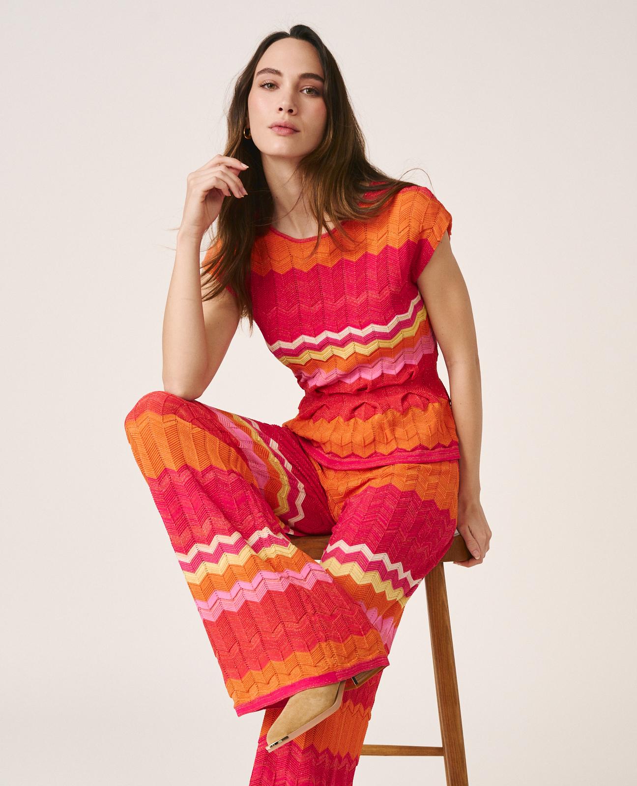 Pantalones rectos de mujer de punto con motivo geométrico - Alma en Pena - Fucsia Fucsia-5