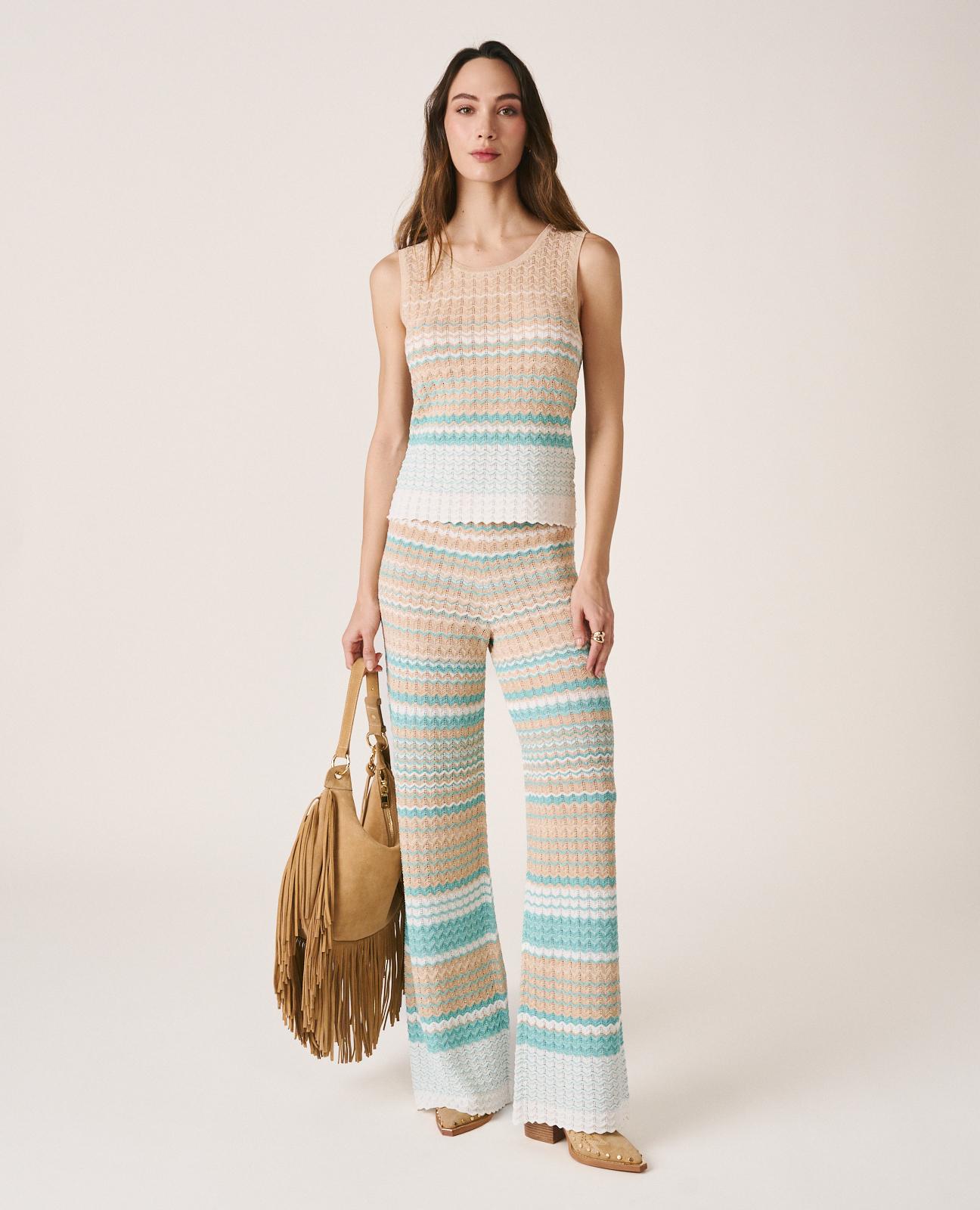 Imagen 0 de Pantalones rectos de mujer de punto con motivo geométrico Verde