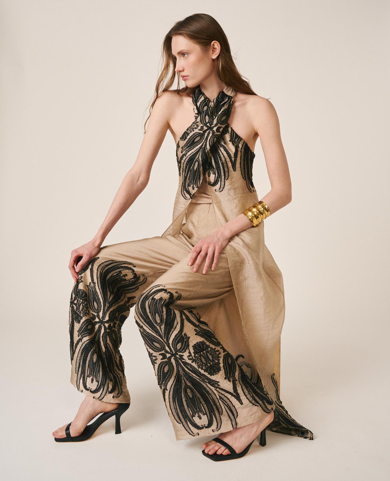 Imagen 0 de Pantalones anchos de mujer largos con estampado arabesco Oro