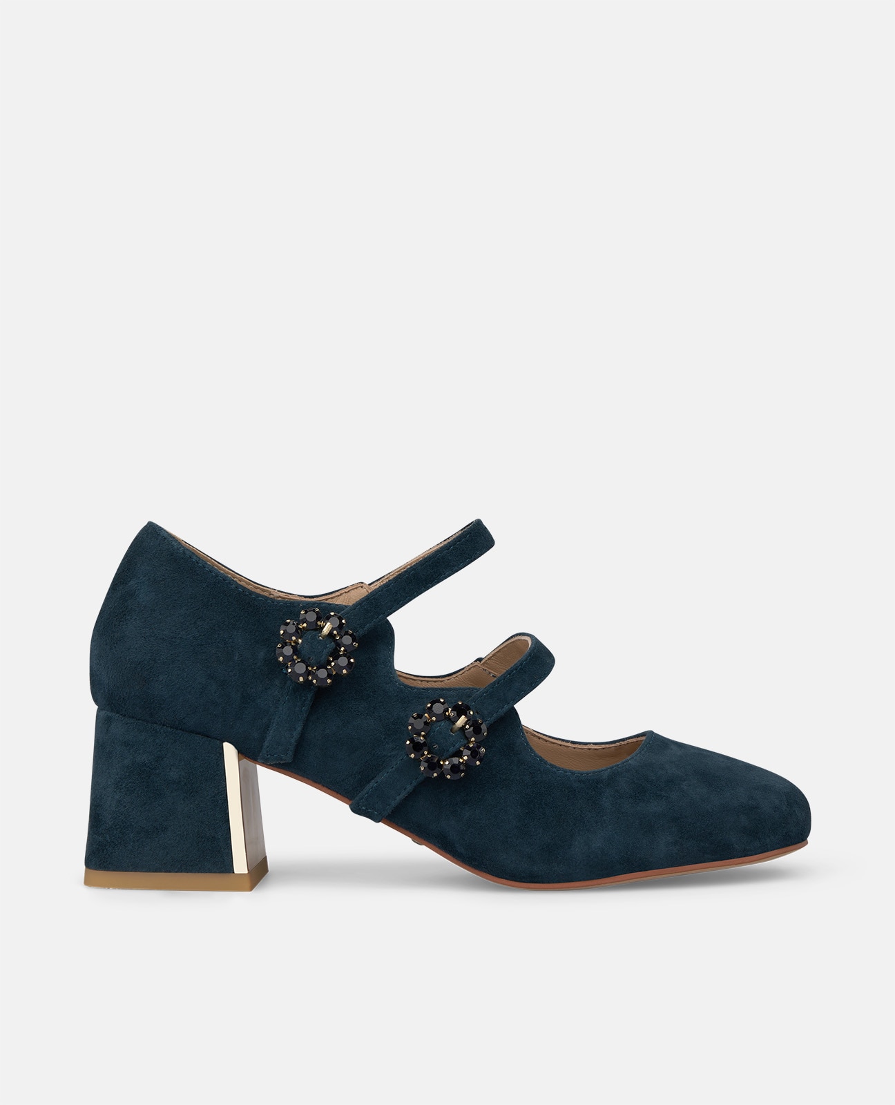 Zapatos de salón de mujer en ante con doble hebilla de flores - Alma en Pena - Azul marino Azul marino-1