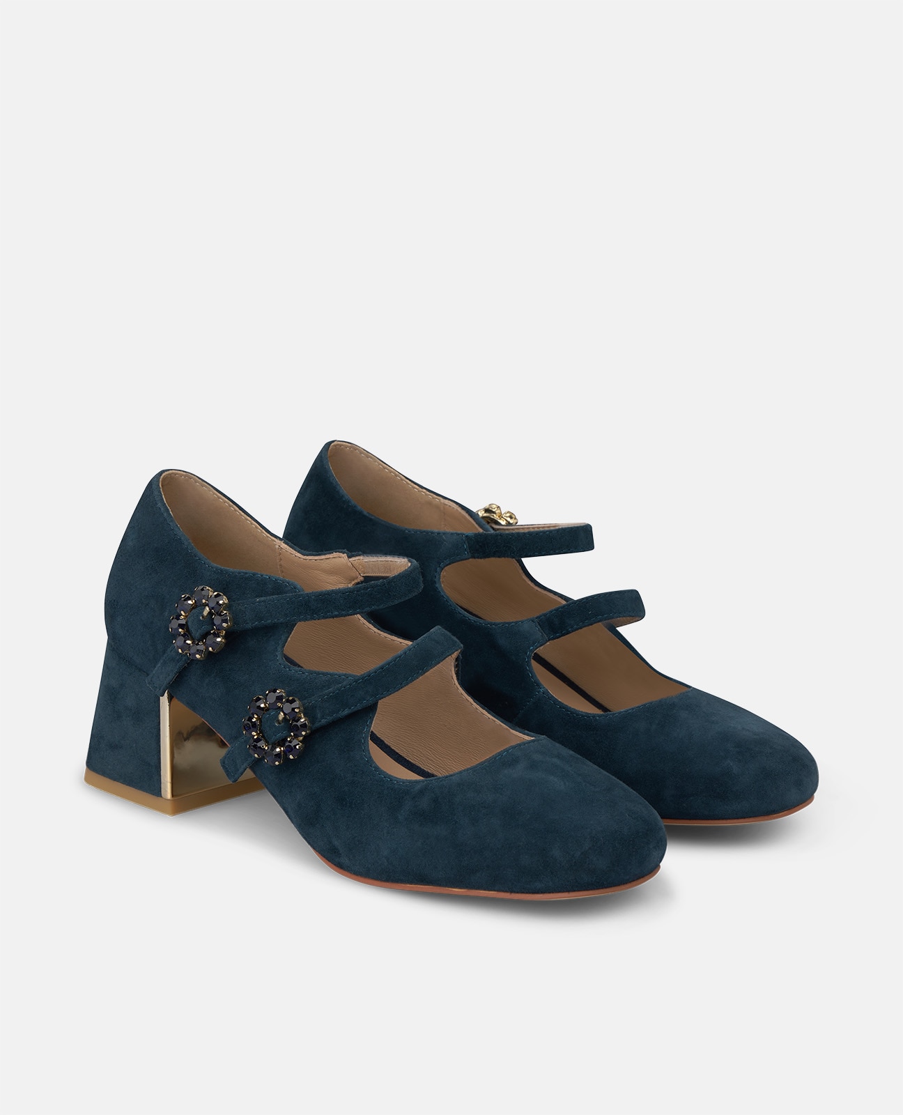 Zapatos de salón de mujer en ante con doble hebilla de flores - Alma en Pena - Azul marino Azul marino-3