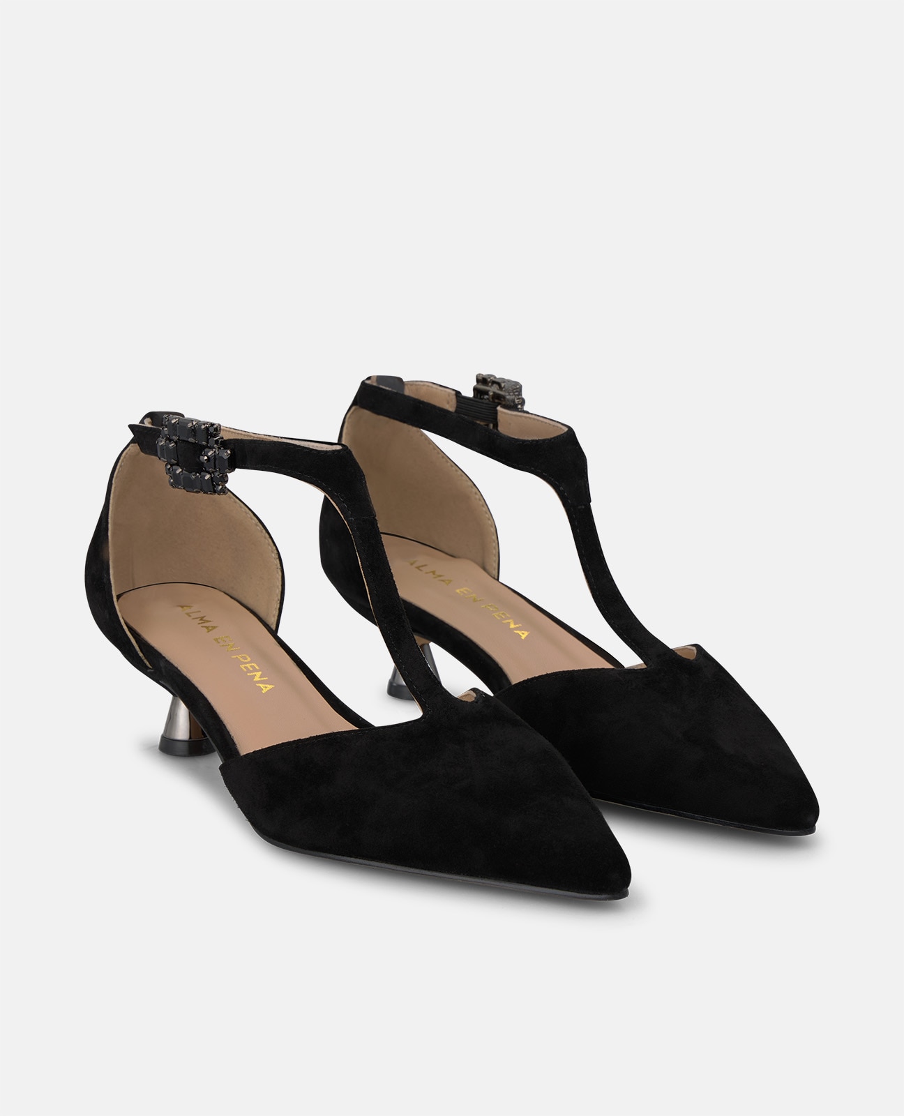 Zapatos de salón de mujer en ante con hebilla de flor - Alma en Pena - Negro Negro-3