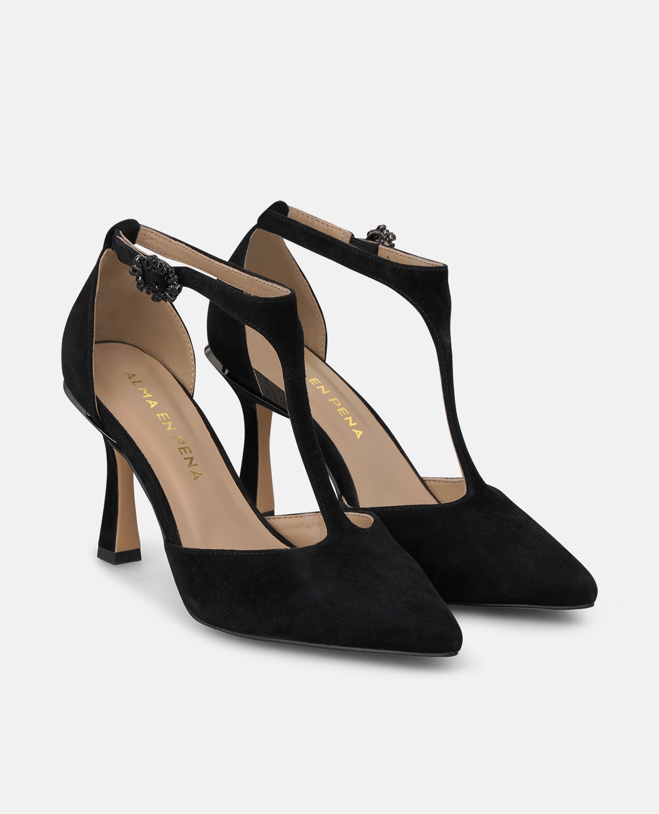 Zapatos de salón de mujer en ante con hebilla de flor - Alma en Pena - Negro Negro-3