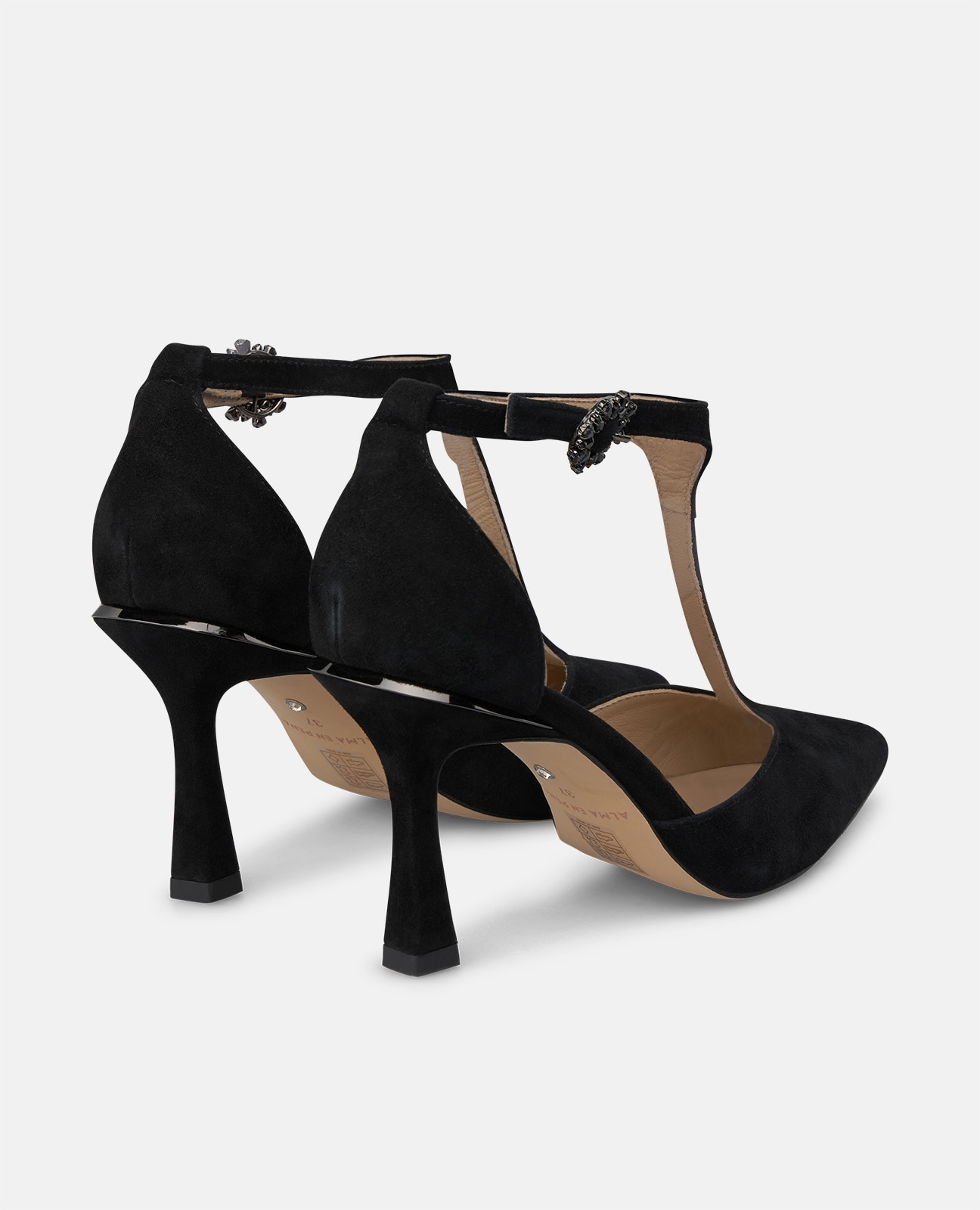Zapatos de salón de mujer en ante con hebilla de flor - Alma en Pena - Negro Negro-2