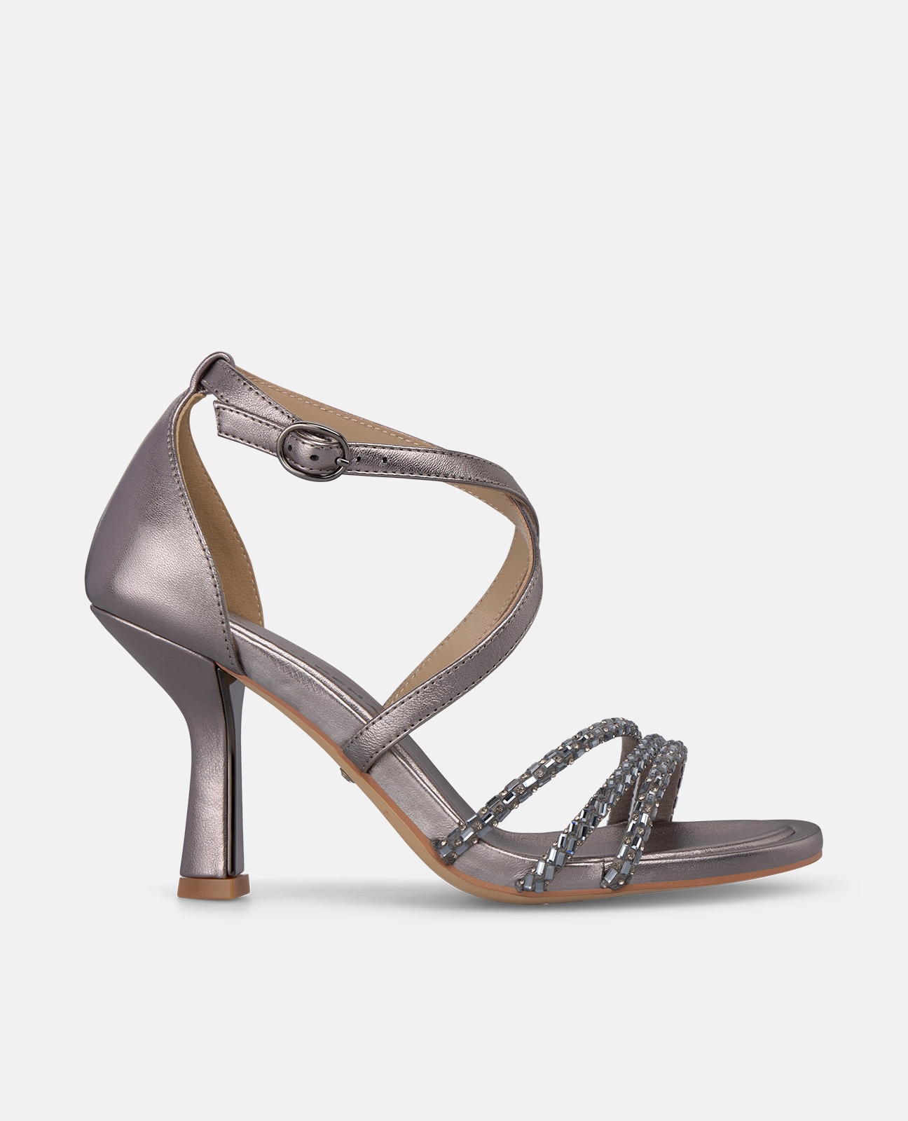 Sandalias de tacón de mujer piel metalizada con pulsera - Alma en Pena - Plata Plata-1