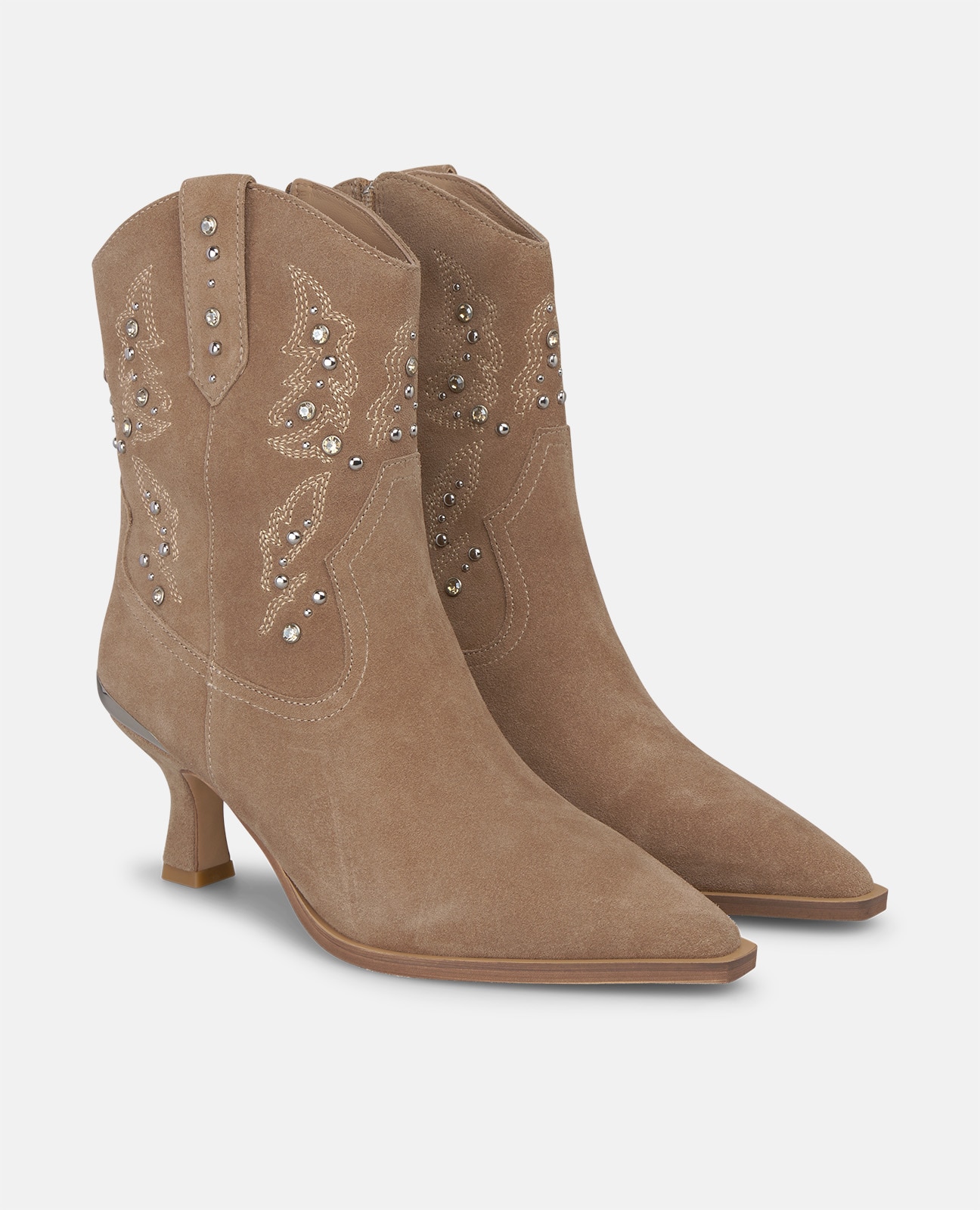Botines cowboy de mujer en ante con tachas metálicas - Visón Visón-3