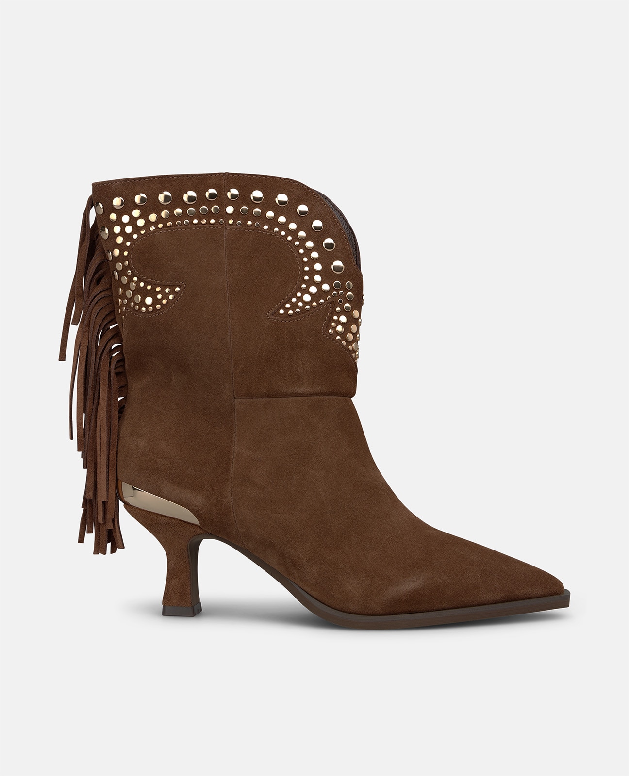 Botines cowboy de mujer en ante con flecos y tachas metálicas - Camel Camel-1