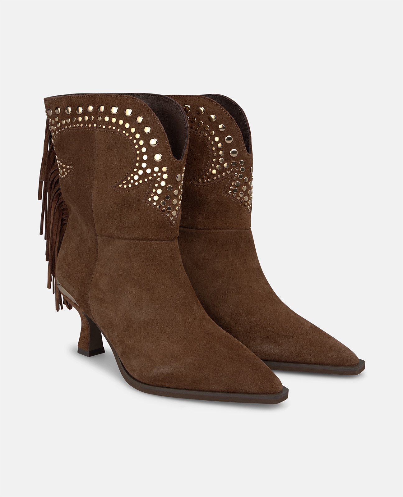 Botines cowboy de mujer en ante con flecos y tachas metálicas - Camel Camel-3