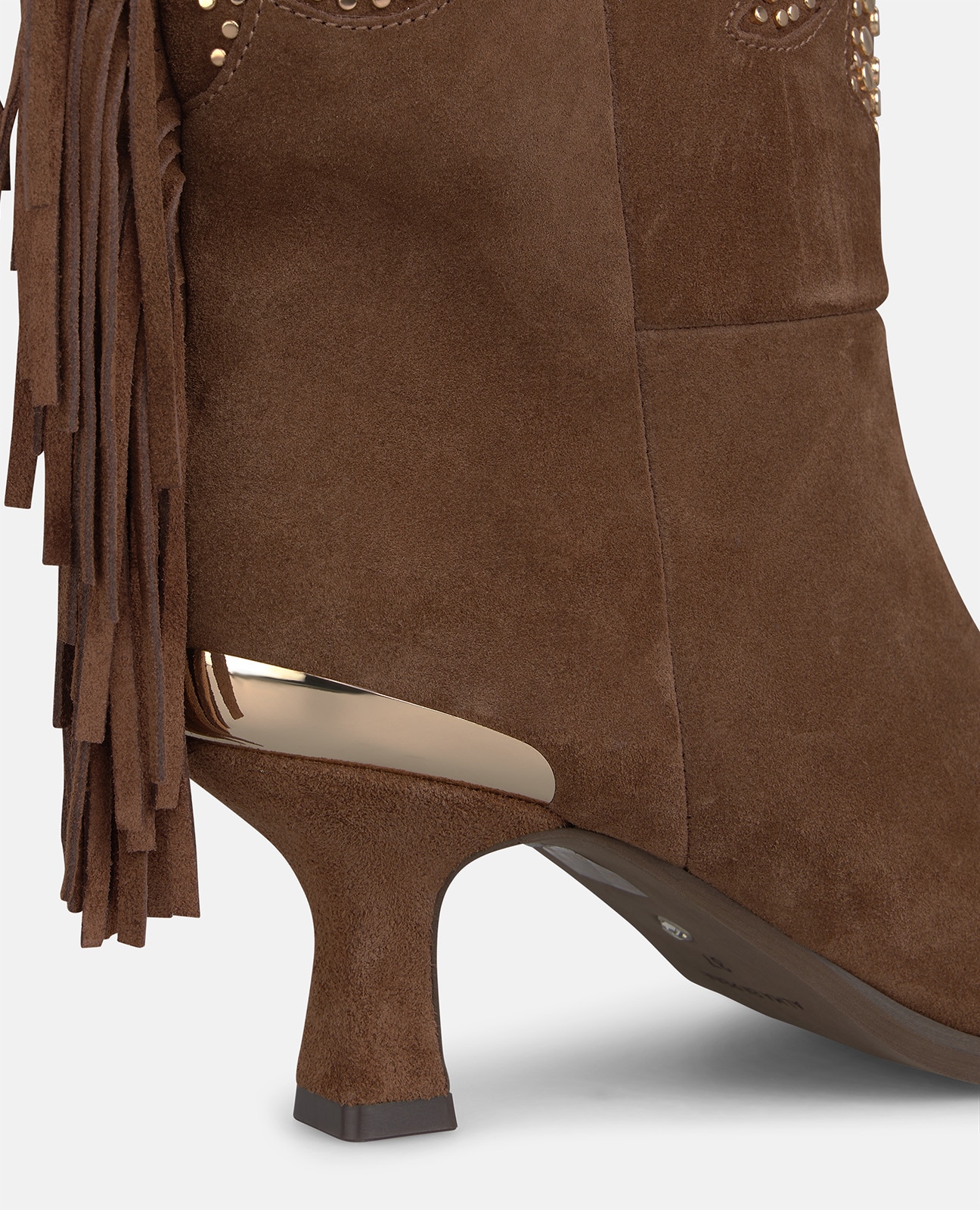 Botines cowboy de mujer en ante con flecos y tachas metálicas - Camel Camel-4