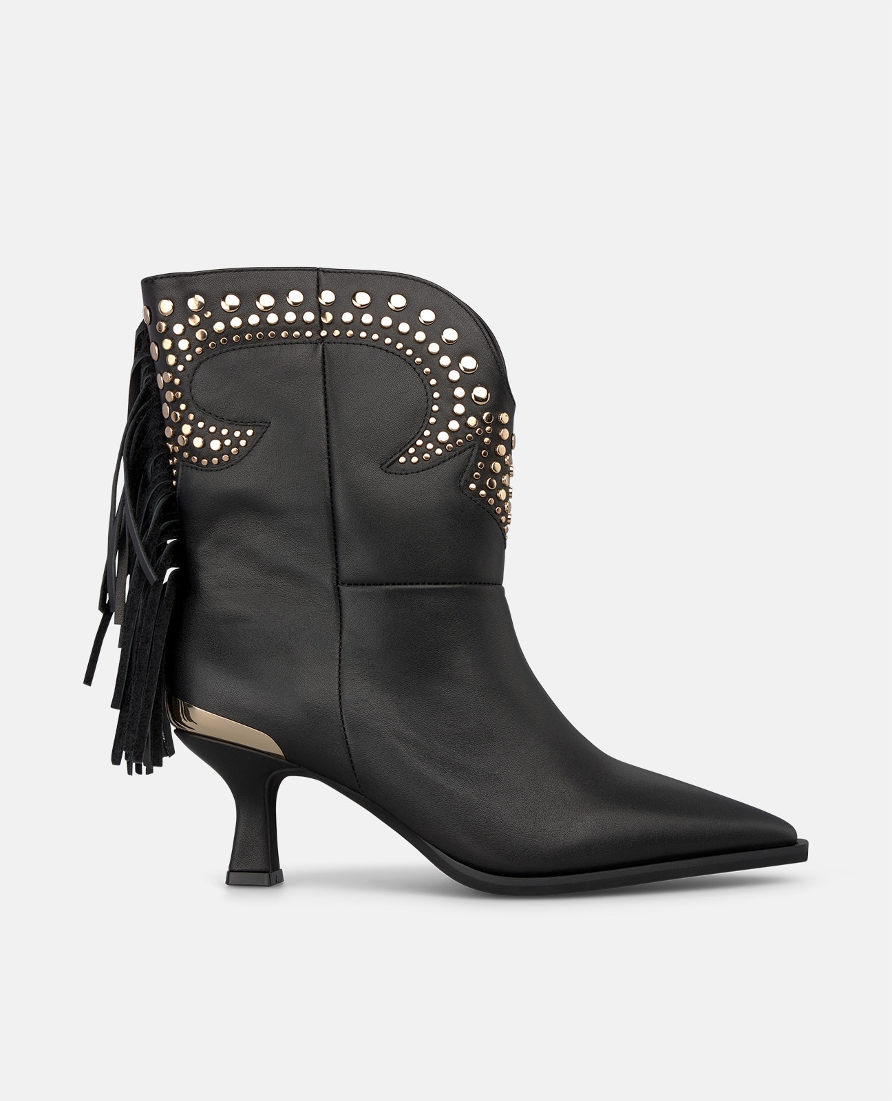 Botines cowboy de mujer en napa con flecos y tachas metálicas - Negro Negro-1