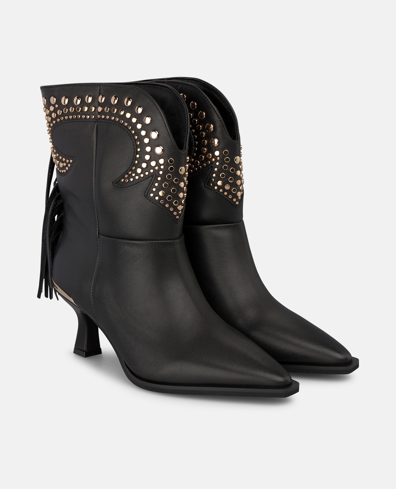 Botines cowboy de mujer en napa con flecos y tachas metálicas - Negro Negro-3