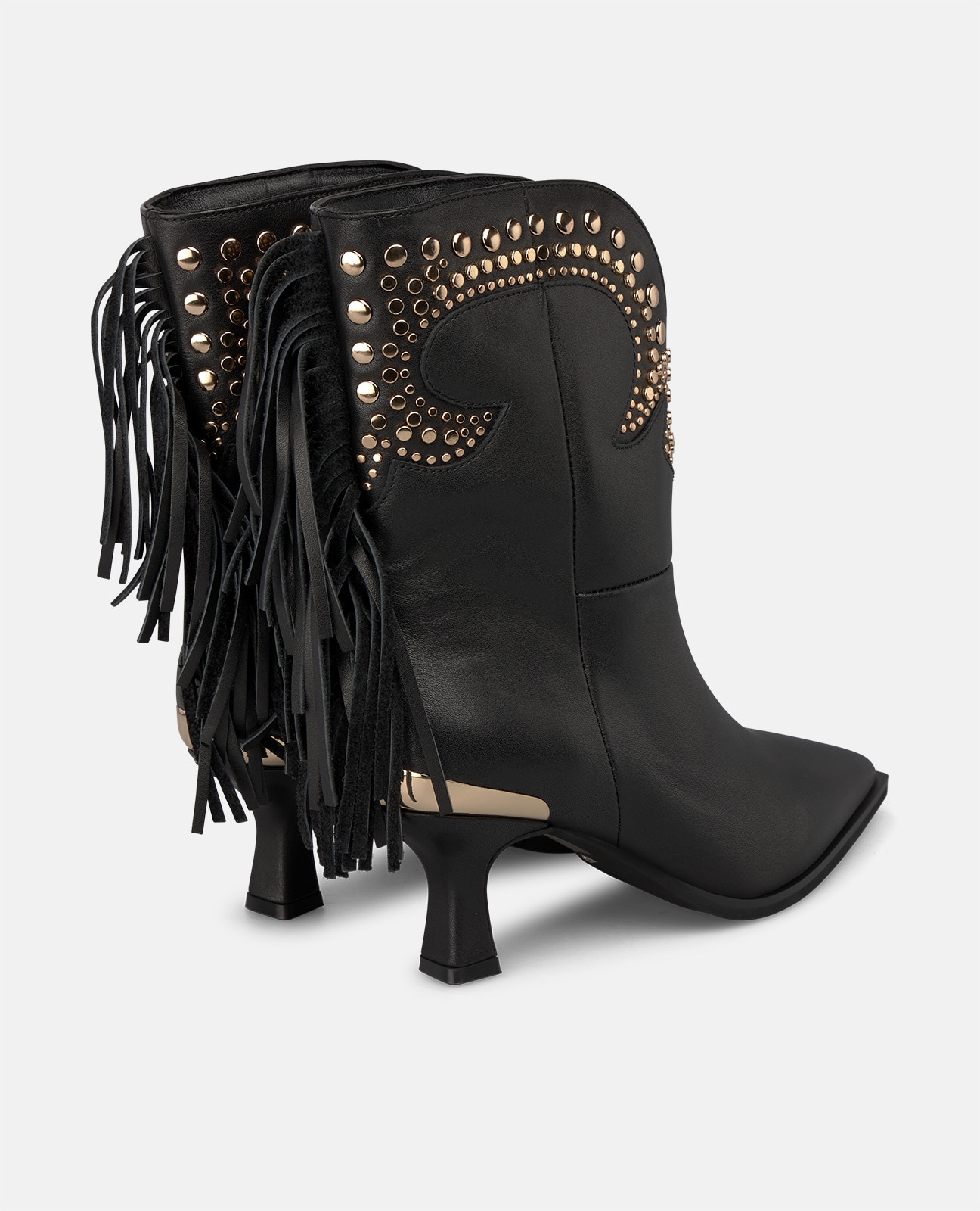 Botines cowboy de mujer en napa con flecos y tachas metálicas - Negro Negro-2