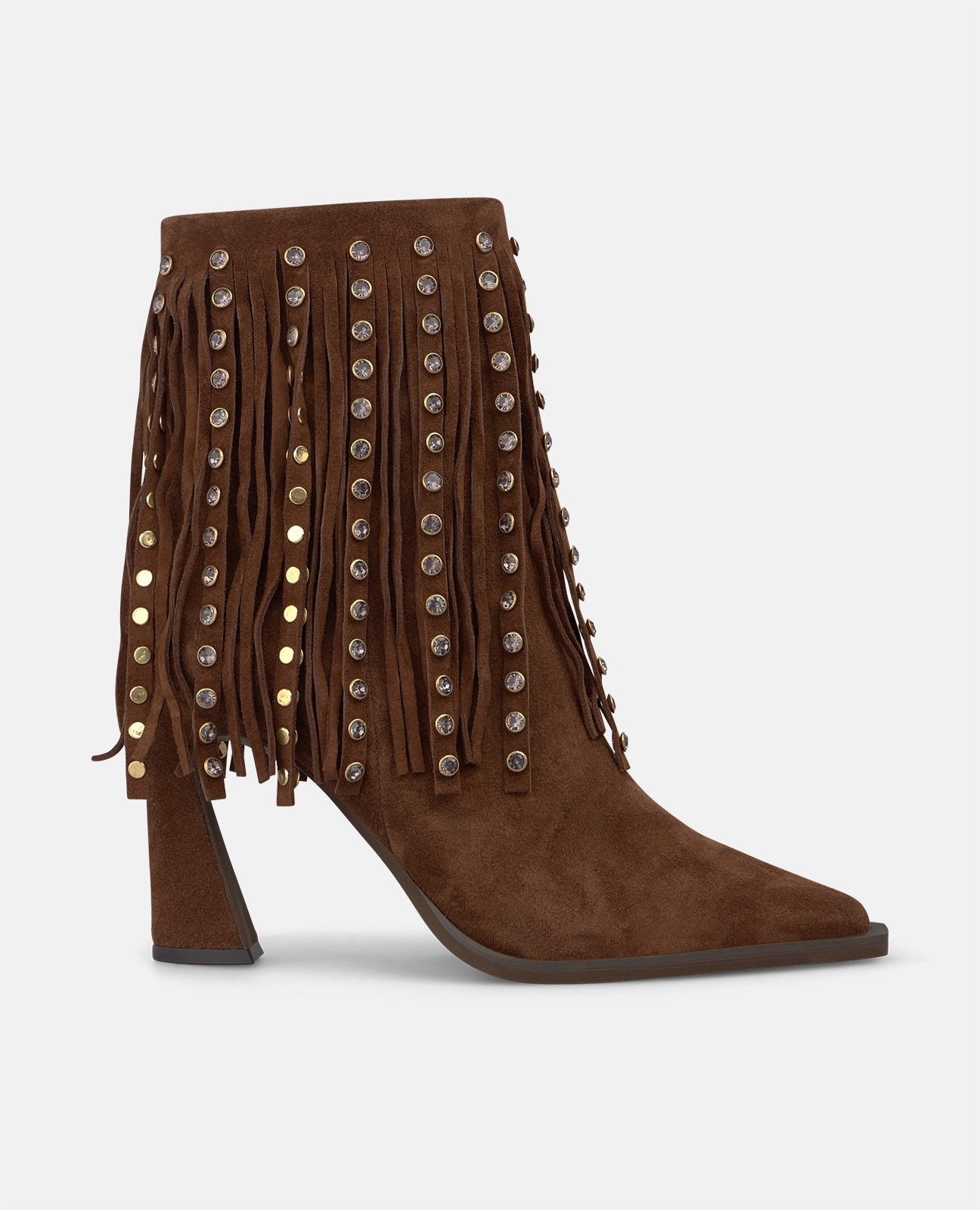 Botines básicos de mujer en ante con flecos y tachas metálicas - Camel Camel-1