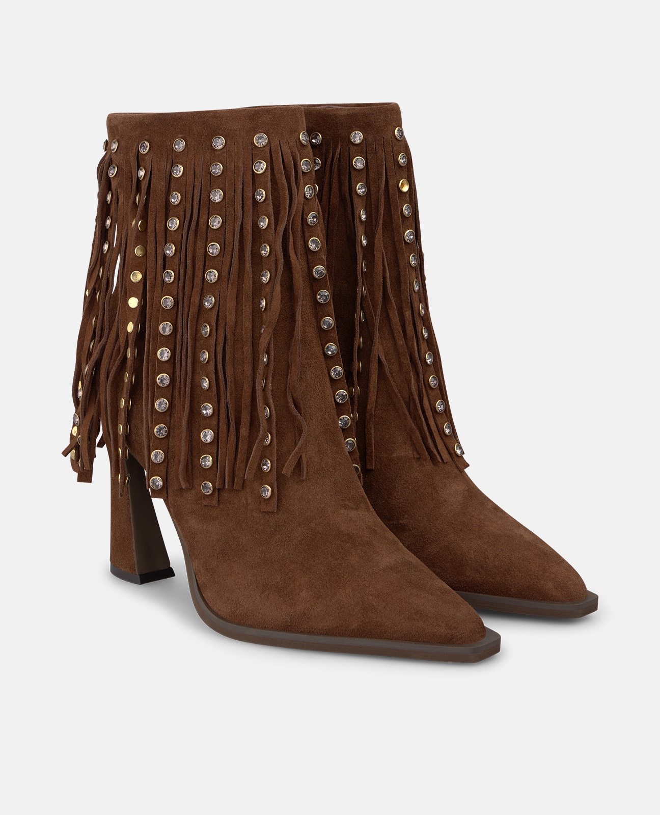 Botines básicos de mujer en ante con flecos y tachas metálicas - Camel Camel-3