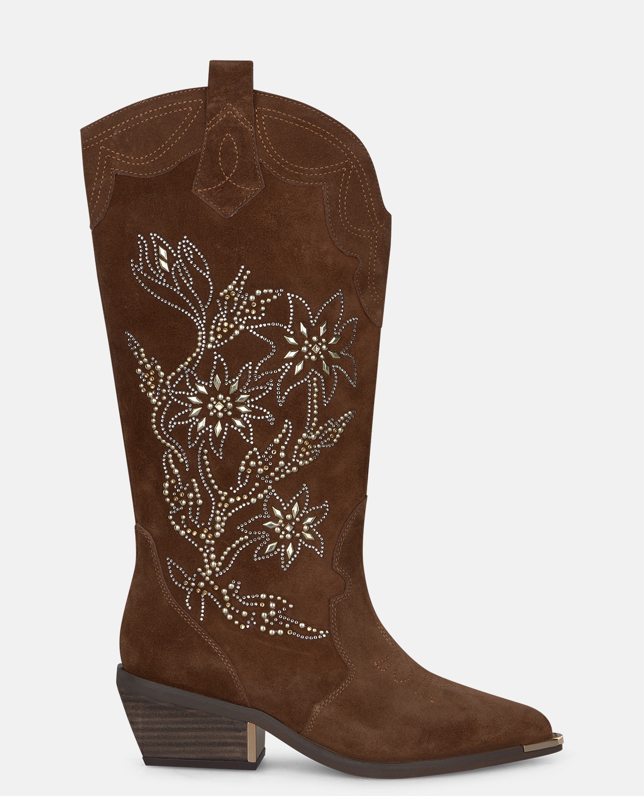 Botas cowboy de mujer en ante con detalles florales en pedrería