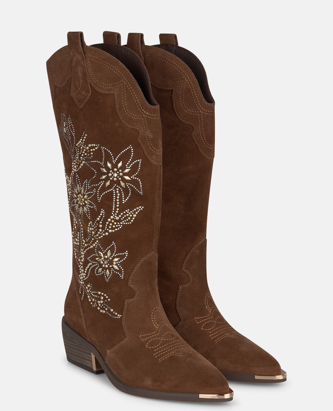 Botas cowboy de mujer en ante con detalles florales en pedrería - Alma en Pena - Camel Camel-3