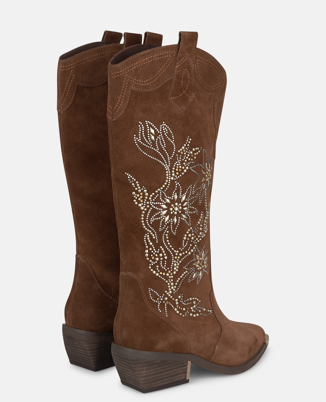 Botas cowboy de mujer en ante con detalles florales en pedrería - Alma en Pena - Camel Camel-2