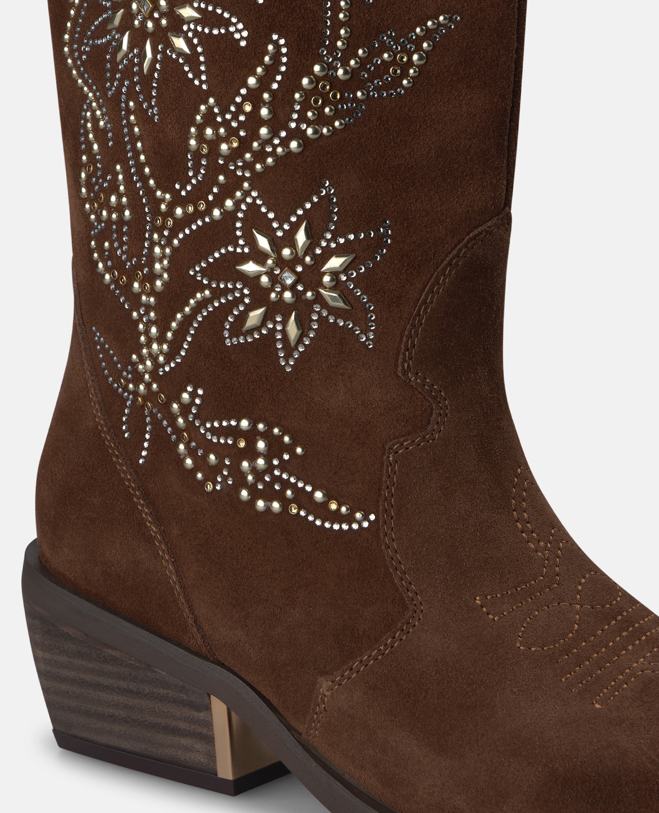 Botas cowboy de mujer en ante con detalles florales en pedrería - Alma en Pena - Camel Camel-4