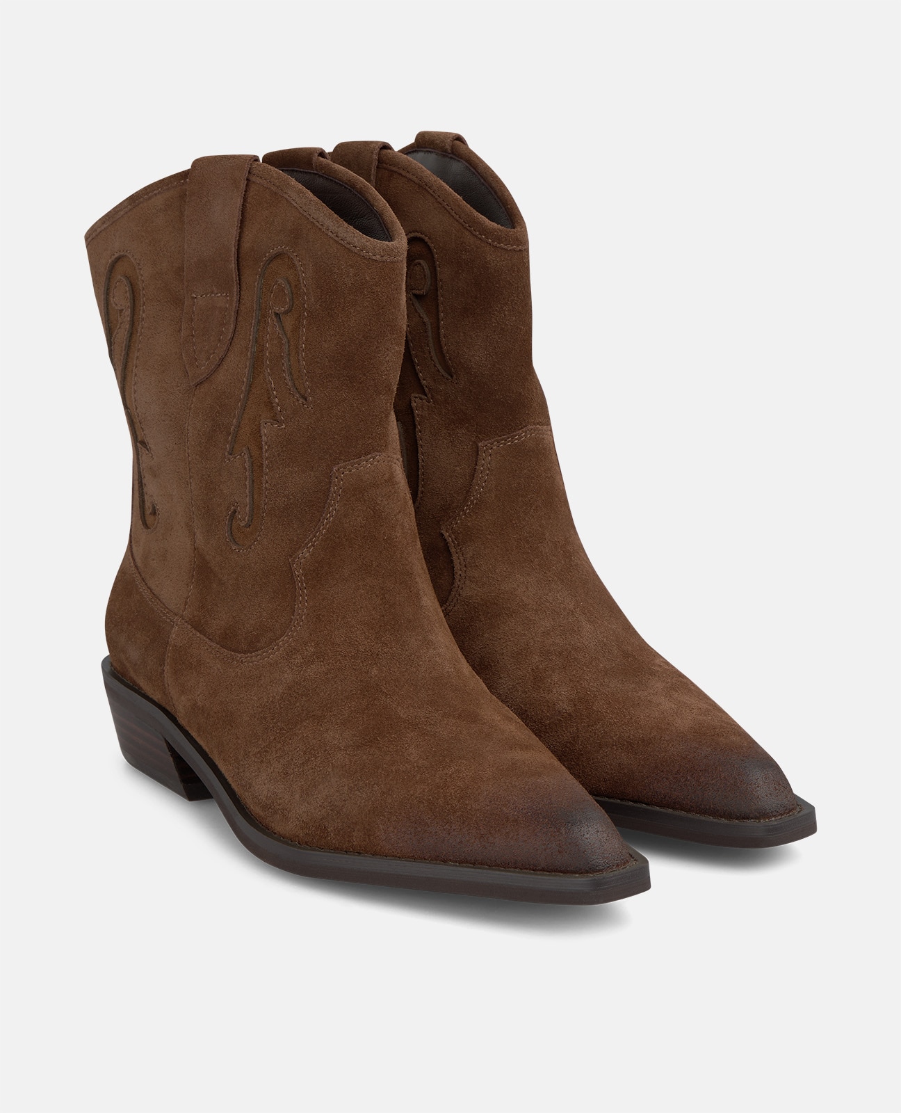 Botines cowboy de mujer en ante con detalles bordados - Camel Camel-3