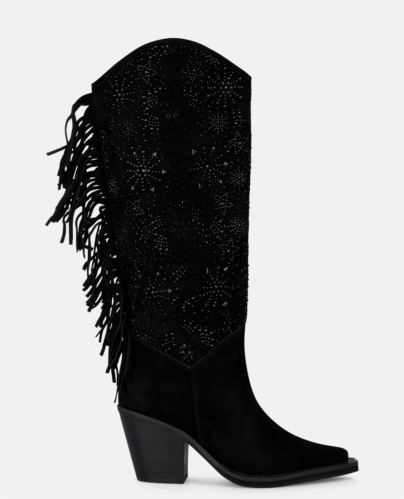 Botas cowboy de mujer en ante con pedrería y flecos - Alma en Pena - Negro Negro-1