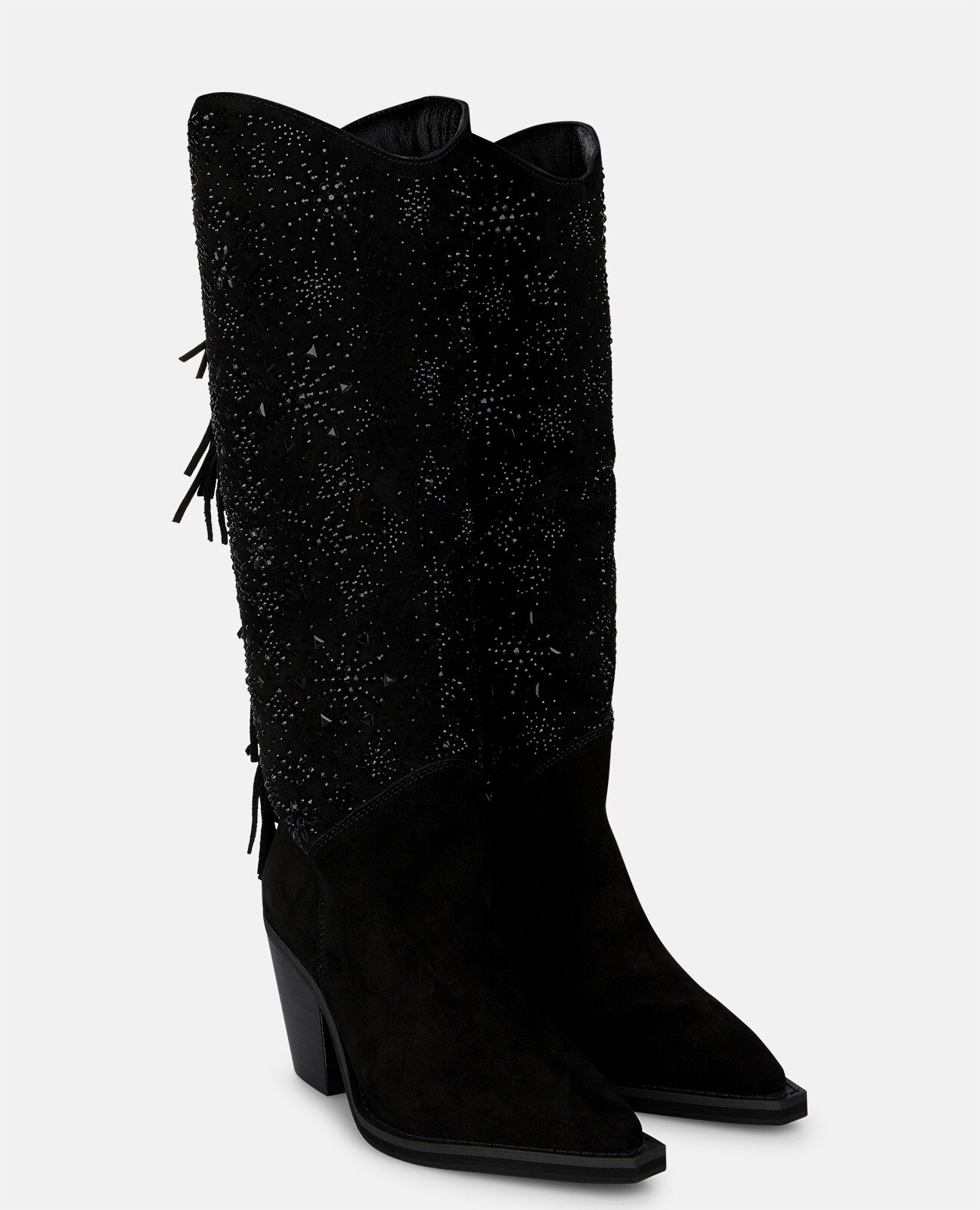 Botas cowboy de mujer en ante con pedrería y flecos - Alma en Pena - Negro Negro-3
