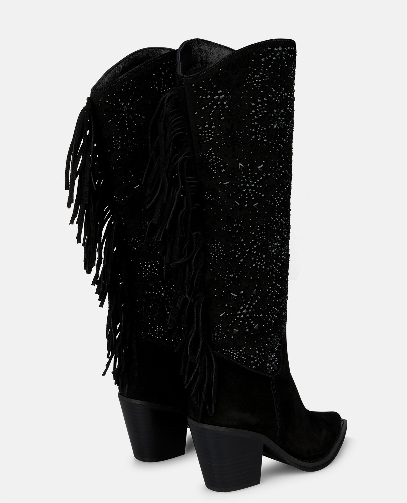 Botas cowboy de mujer en ante con pedrería y flecos - Alma en Pena - Negro Negro-2
