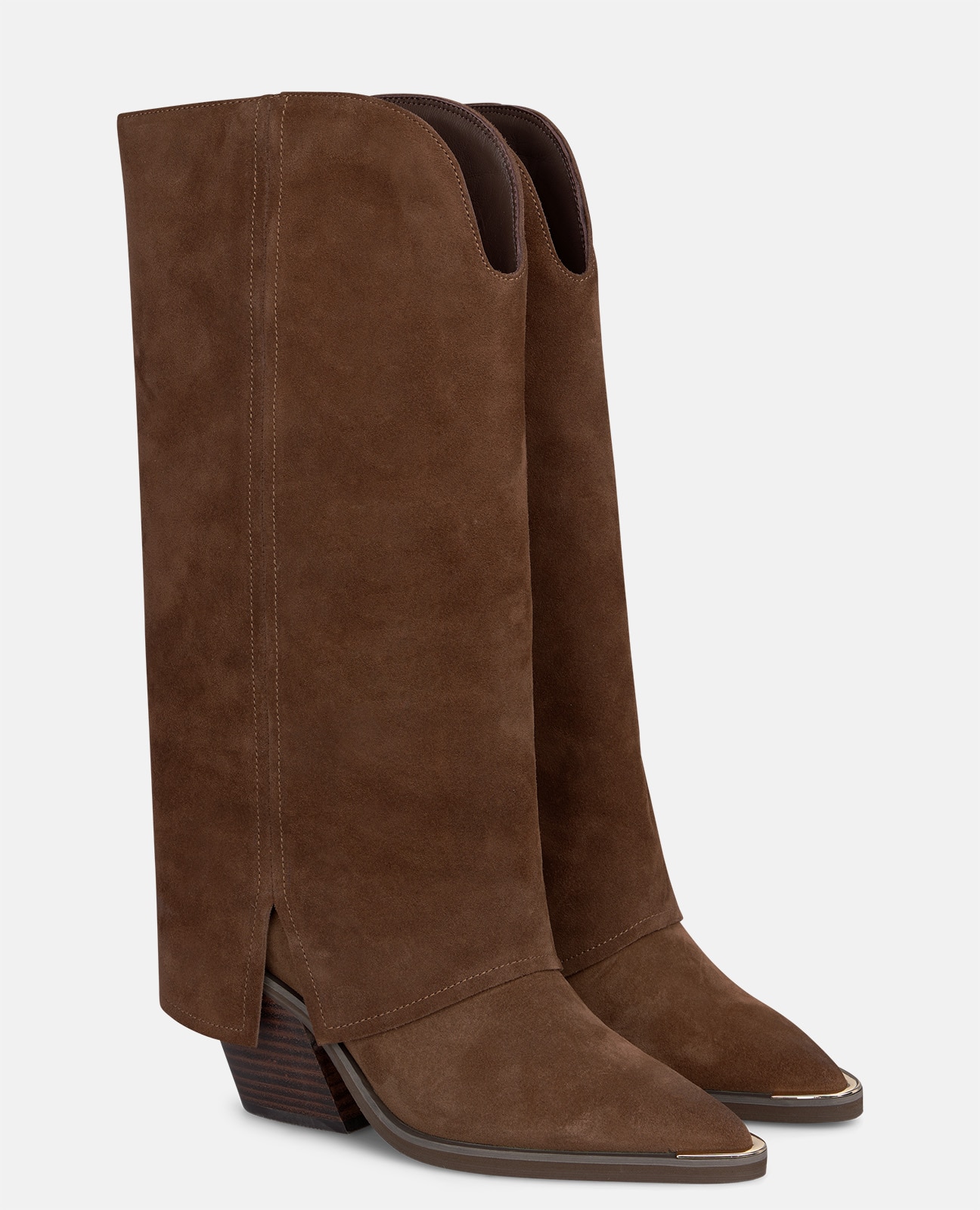 Botas cowboy de mujer en ante con tacón cuadrado - Camel Camel-3