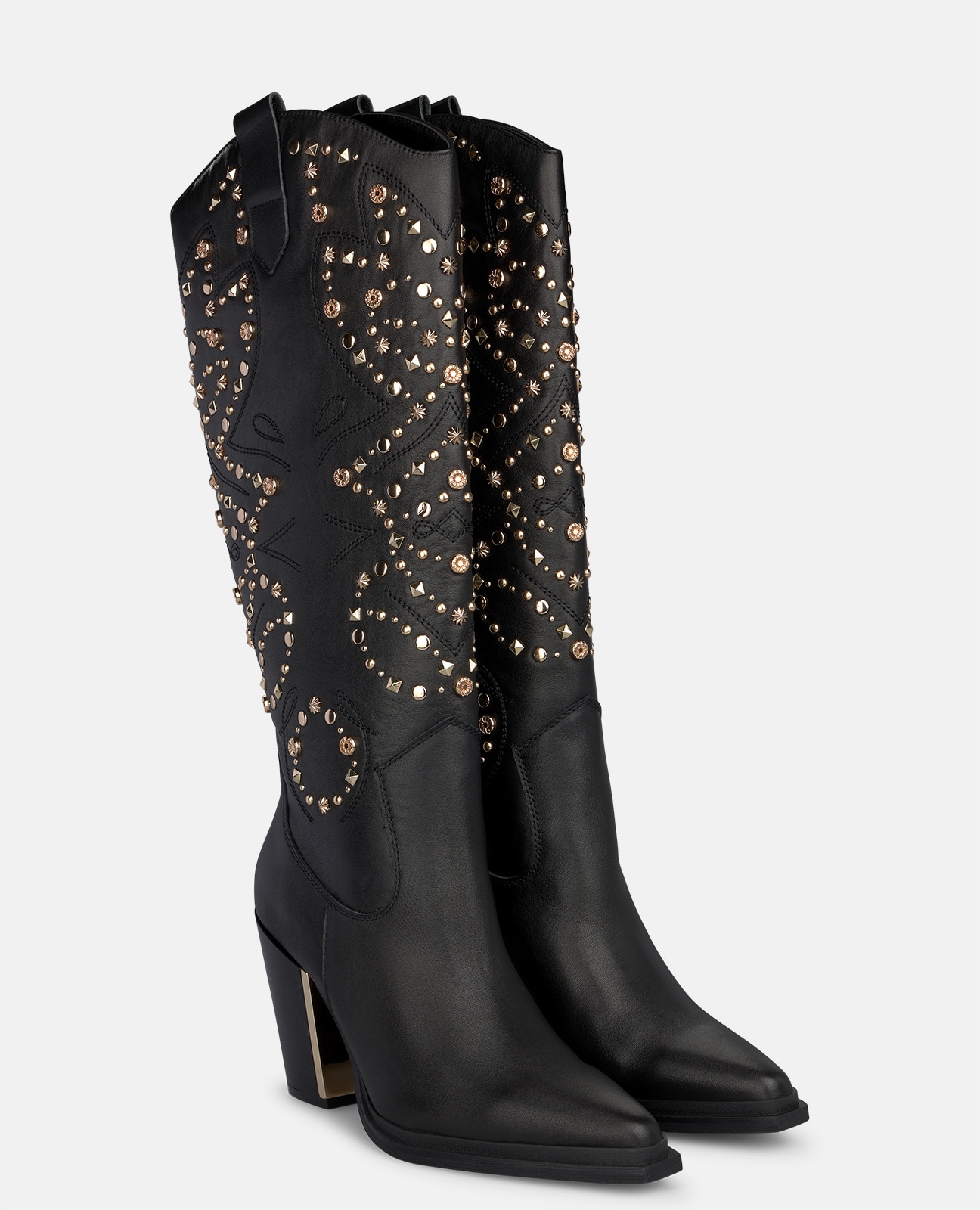 Botas cowboy de mujer en napa con tachas y pedrería ornamental - Negro Negro-3