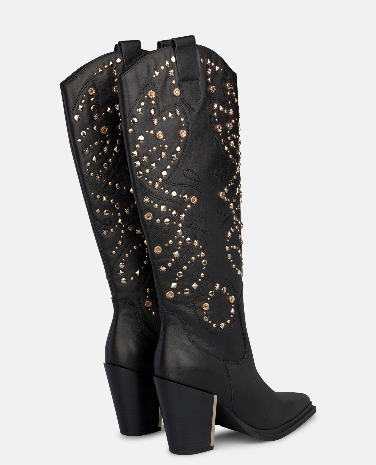 Botas cowboy de mujer en napa con tachas y pedrería ornamental - Negro Negro-2