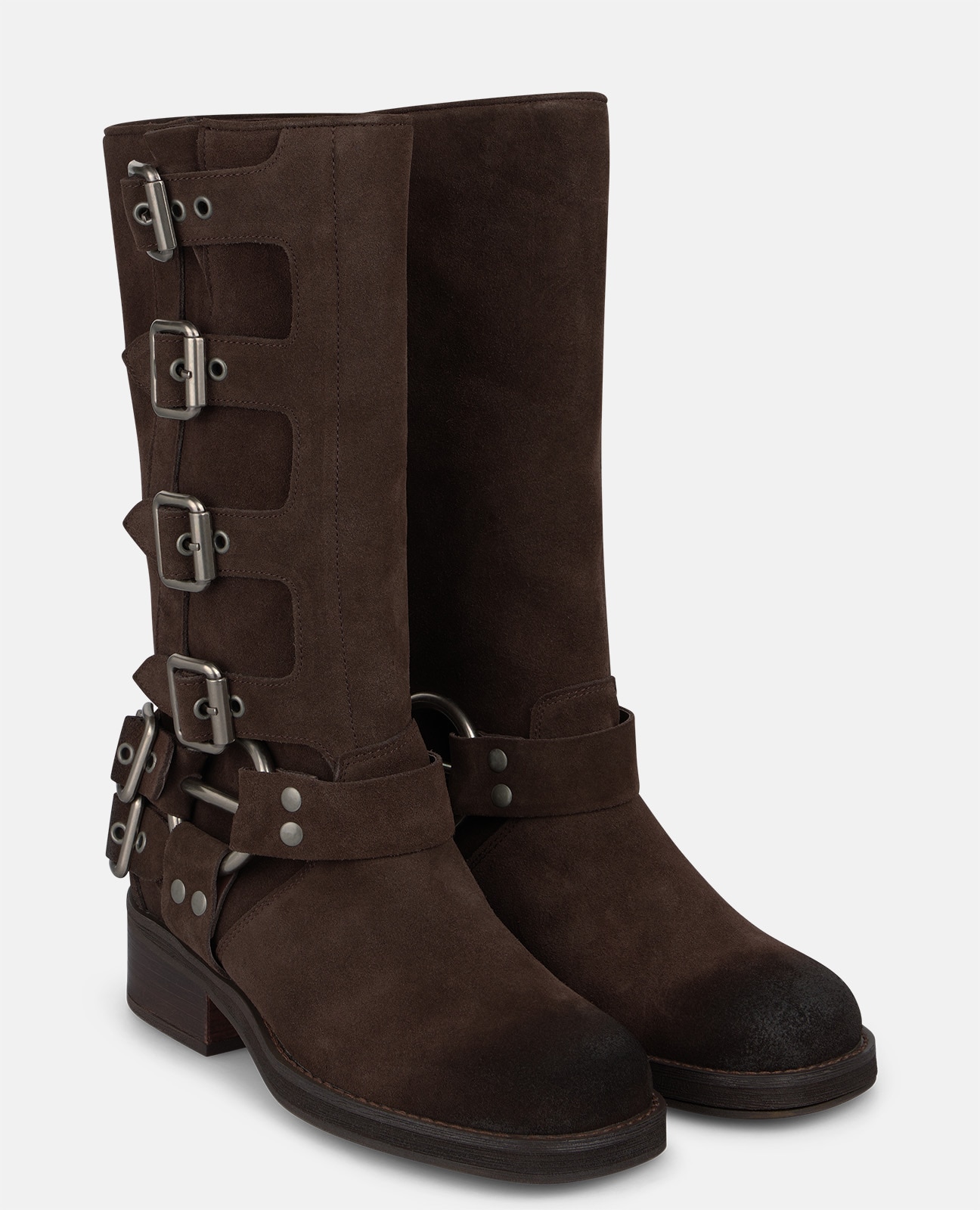Botas biker de mujer con múltiples correas y hebillas metálicas - Marrón Marrón-3