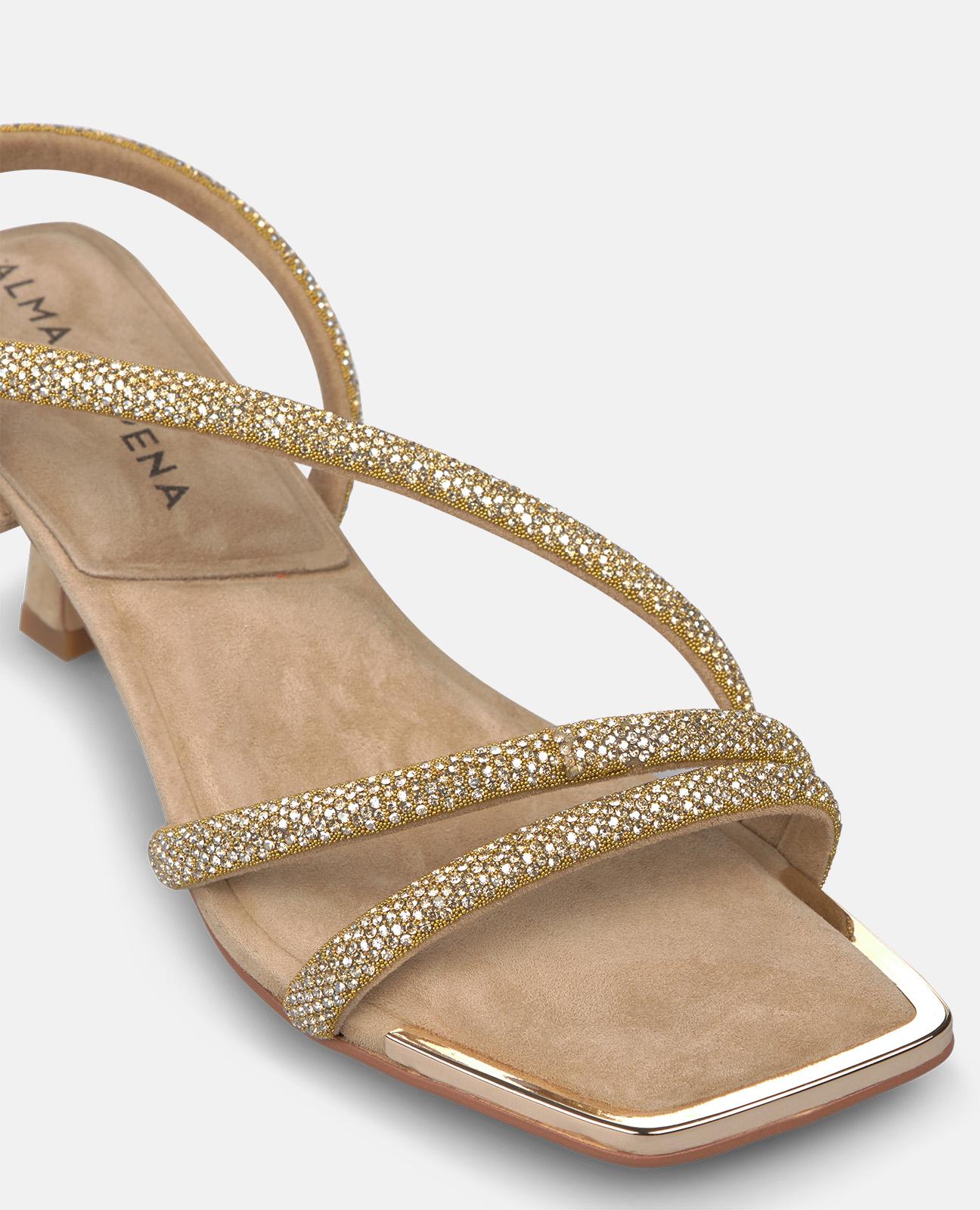 Sandalias de tacón de mujer en piel con tiras tubulares metalizadas y cierre de hebilla - Alma en Pena - Arena Arena-5