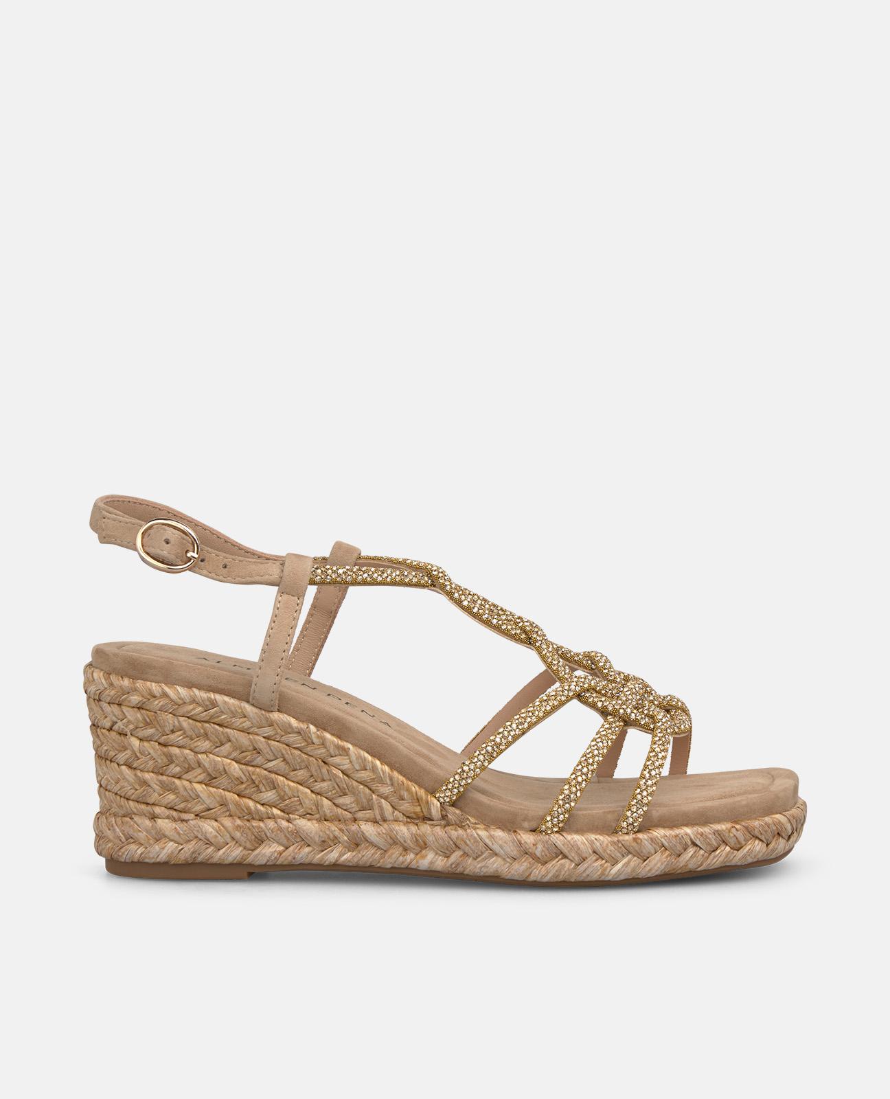 Alma en Pena - Sandalias de cuña de mujer de esparto con múltiples tiras con transfer y cierre de hebilla.