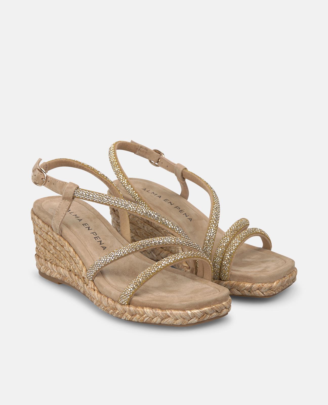 Sandalias de cuña de mujer de esparto con múltiples tiras tubulares con transfer - Arena Arena-4