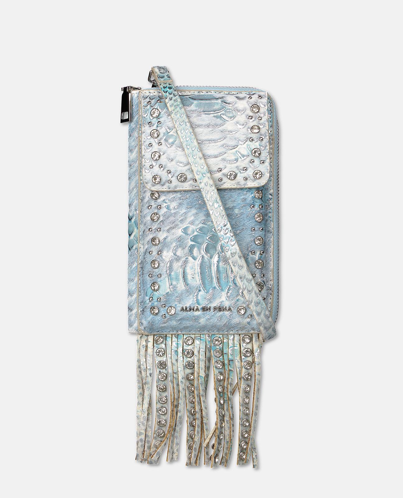 Bolso pequeño de mujer de piel con tachuelas y flecos - Alma en Pena - Turquesa Turquesa-3