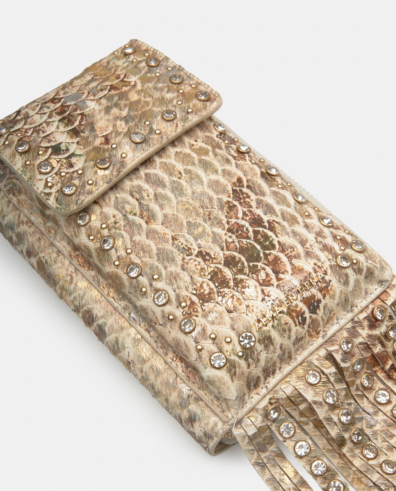 Bolso pequeño de mujer de piel con tachuelas y flecos - Alma en Pena - Marrón claro Marrón claro-4