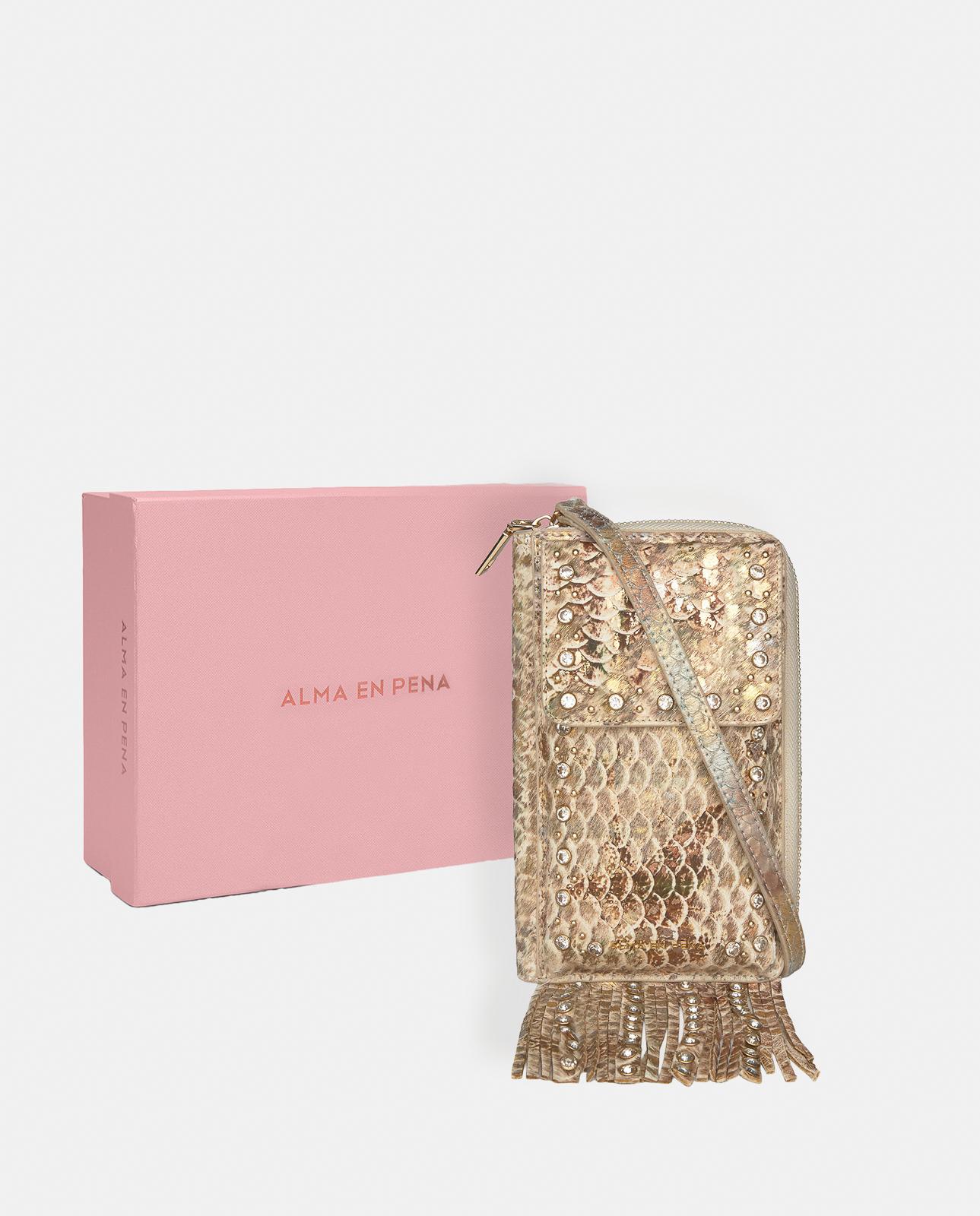 Bolso pequeño de mujer de piel con tachuelas y flecos - Alma en Pena - Marrón claro Marrón claro-5