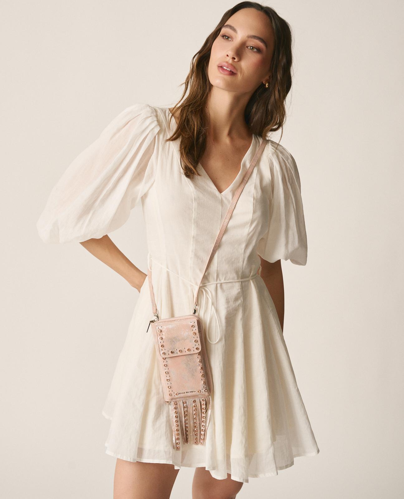 Bolso pequeño de mujer de piel con tachuelas y flecos - Alma en Pena - Rosa Rosa-1