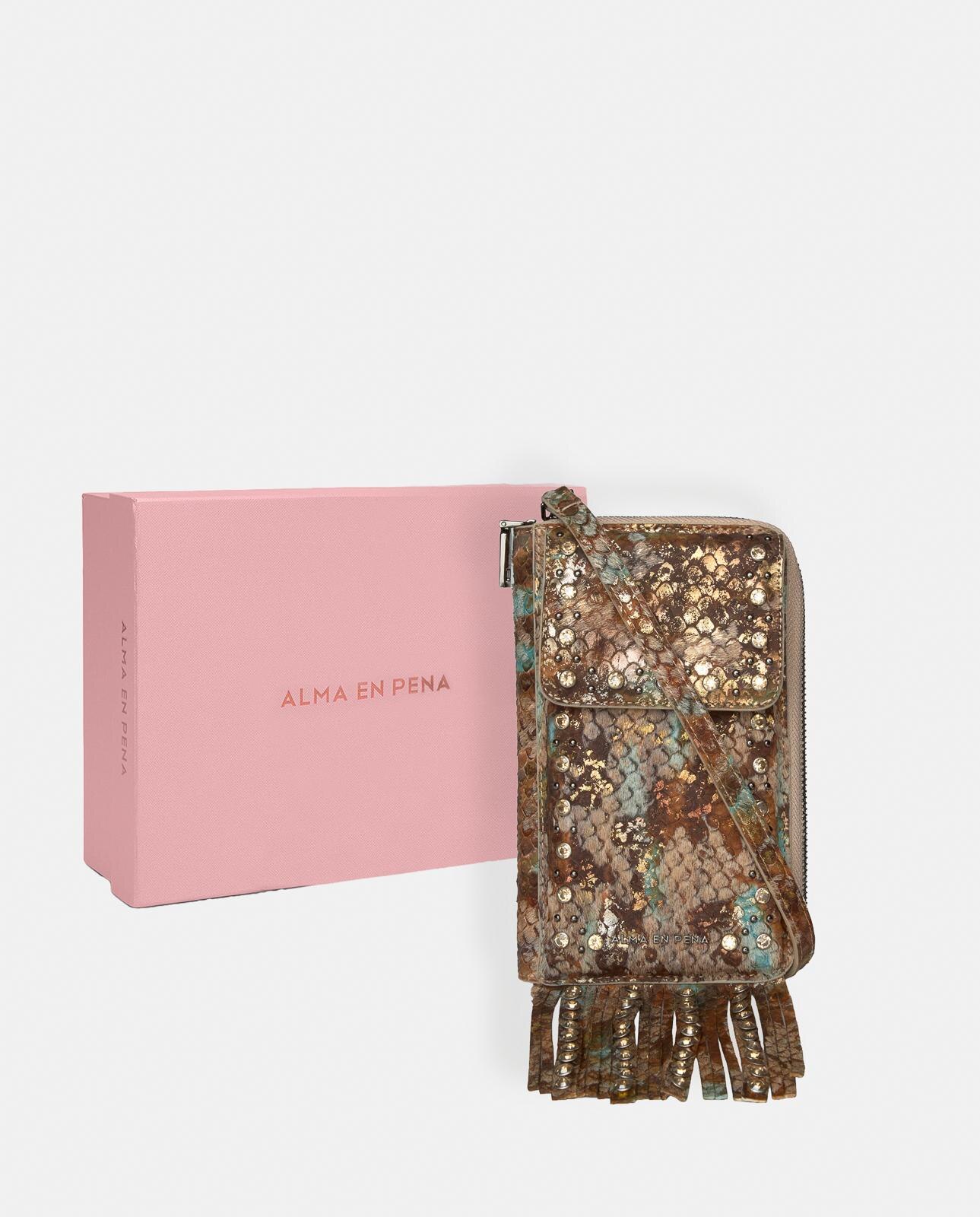 Bolso pequeño de mujer de piel con tachuelas y flecos - Alma en Pena - Marrón oscuro Marrón oscuro-5